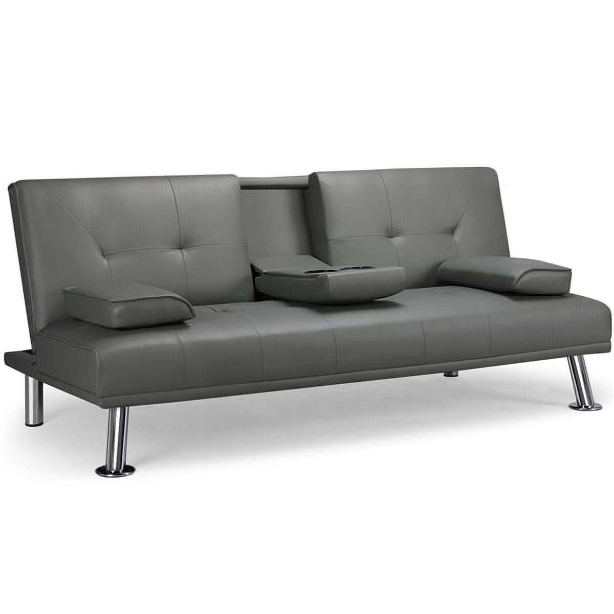 Alden Design Modern Faux Leather Reclining Futon with Cupholders and Pillows, Gray