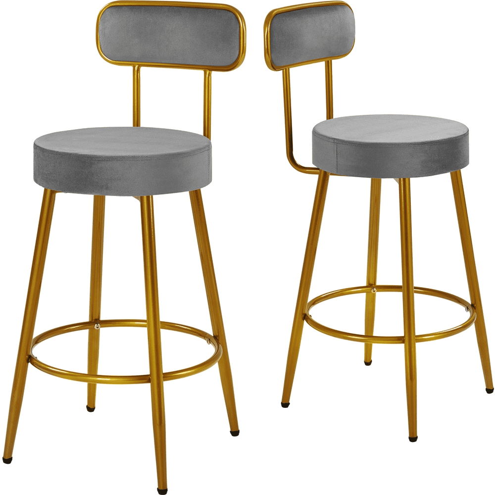 Alden Design Modern Low-Back Counter Height Velvet Bar Stools with Gold Legs, Dark Gray
