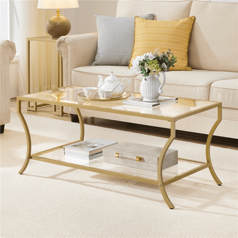 Alden Design Modern Storage Rectangular Tempered Glass Coffee Table with Iron Framed, Gold