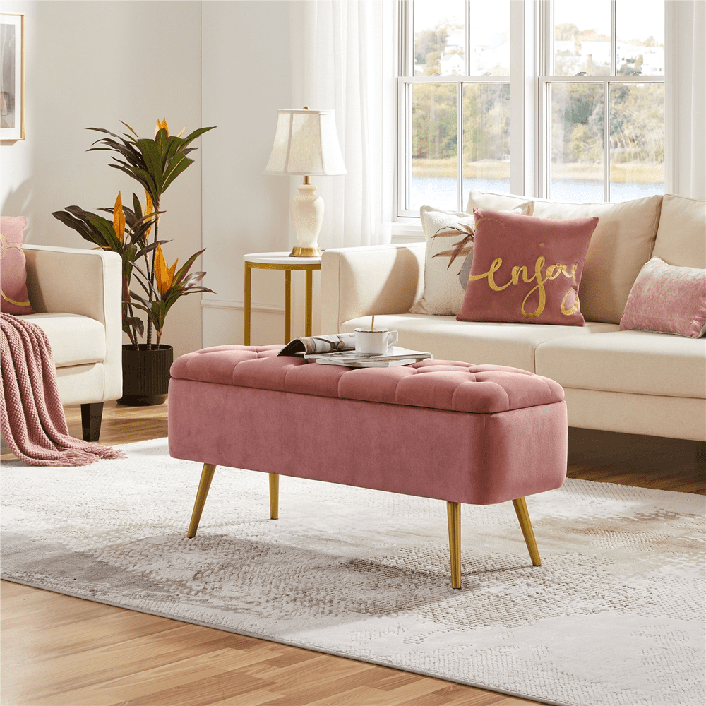Alden Design Modern Velvet Upholstered Storage Accent Bench, Pink