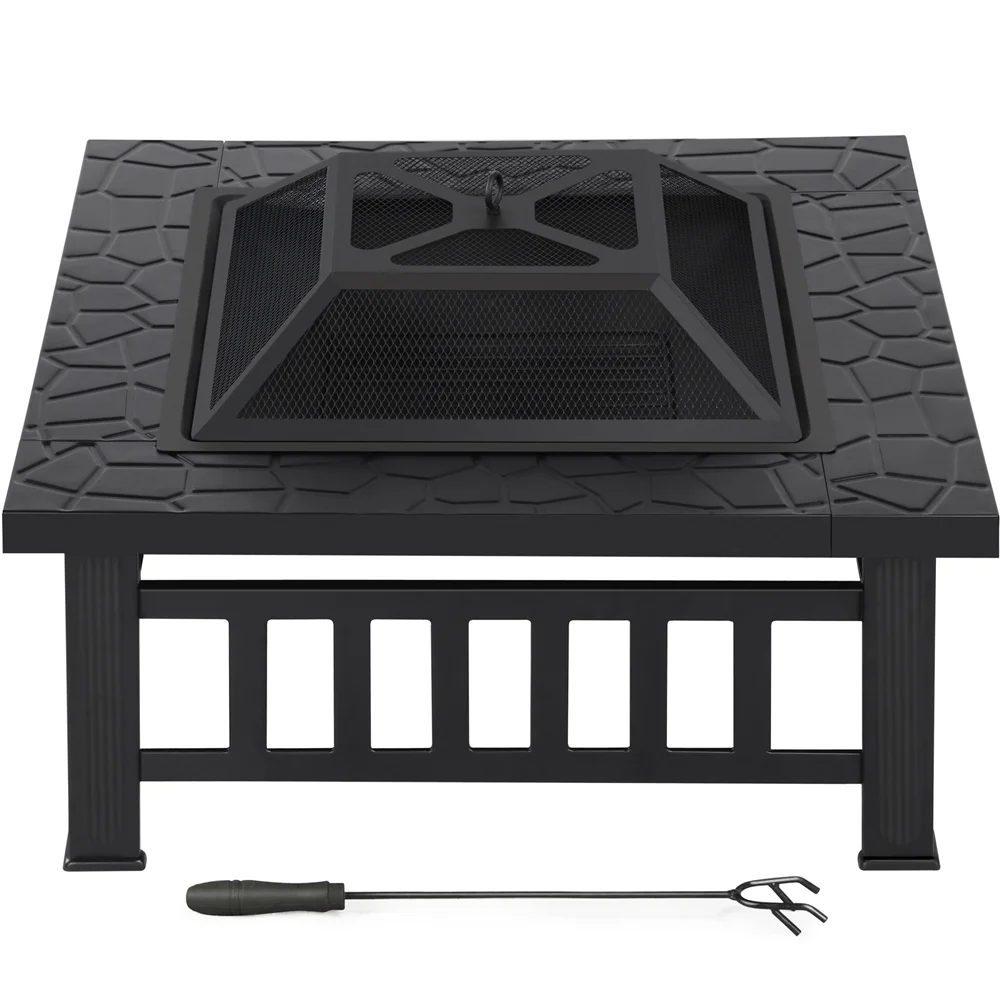 Alden Design Outdoor 32" Square Metal Fire Pit Table with Spark Screen, Black