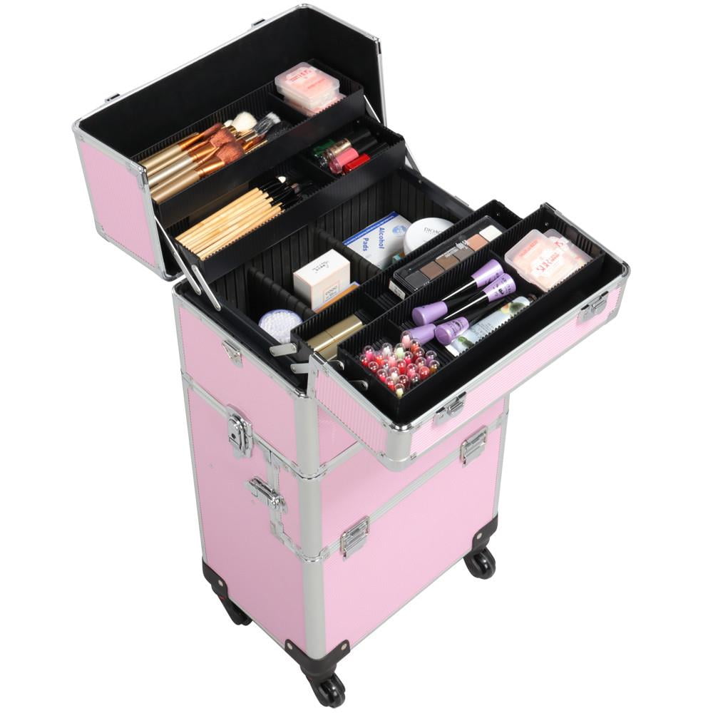 Alden Design Professional Makeup Case, 3 in 1 Portable Trolley, Pink