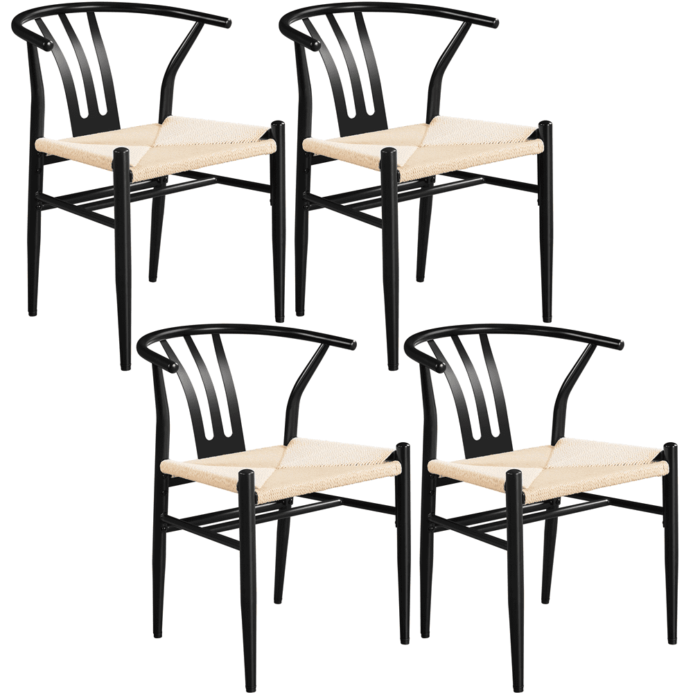 Alden Design Set of 4 Mid-Century Weave Dining Chairs with Solid Metal Frame, Black
