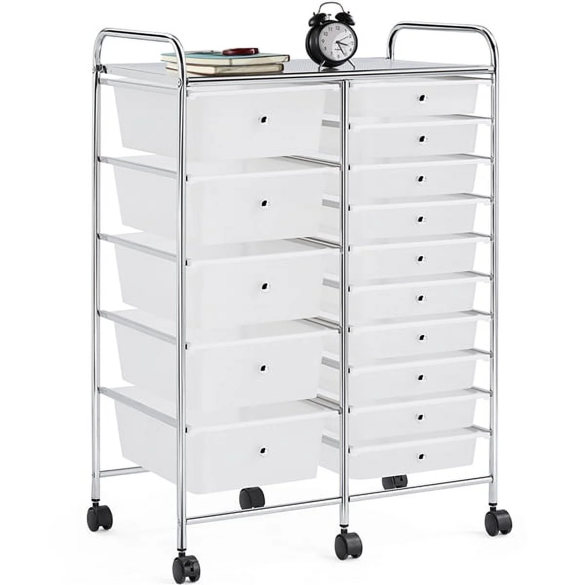 Alden Design 15 Drawers Rolling Storage Bin with Metal Frame & Lockable Wheels, White