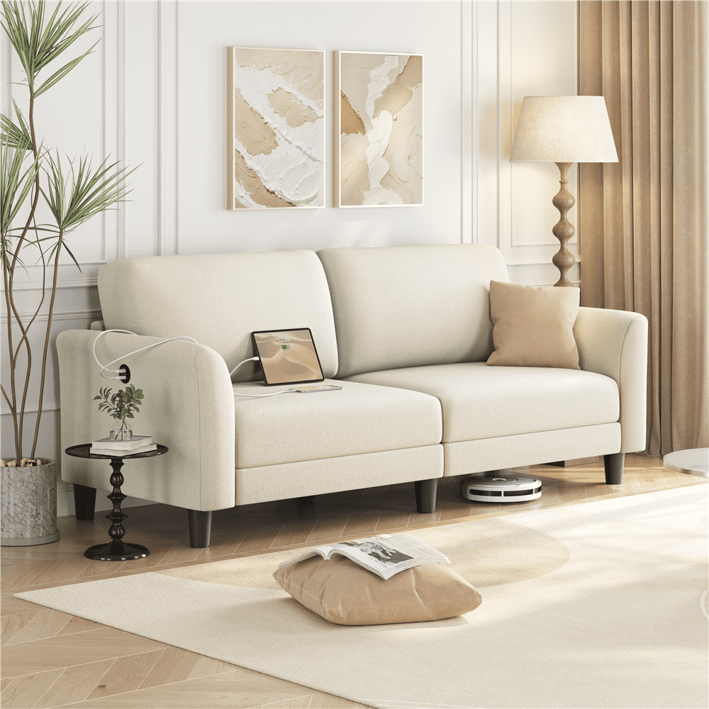 Alden Design 2-Seater 67"W Upholstered Sofa with USB Charging Ports for Living Room, Beige