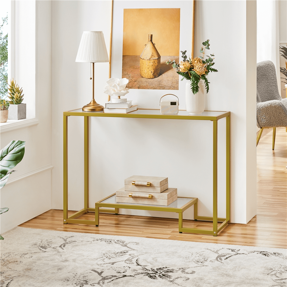 Alden Design 2-Layer Modern Tempered Glass Console Table with Metal Frame for Hallway, Gold
