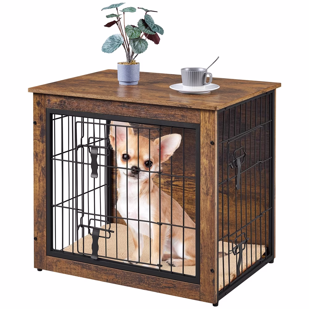 Alden Design 27.5″ W Dog Crate Furniture Small Rustic Industrial Wooden Dog Kennel