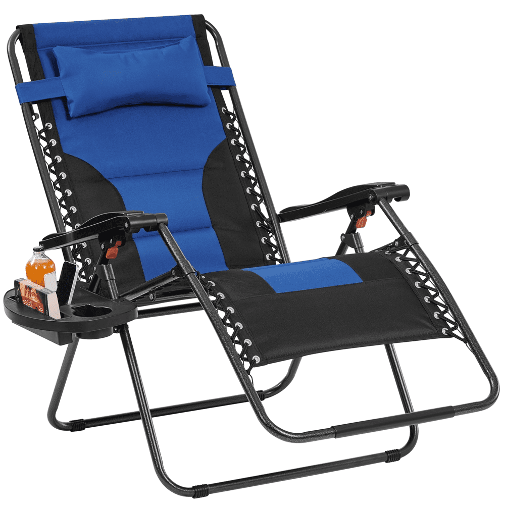 Alden Design 29in Foldable Padded Zero Gravity Chair with Cupholder/ Pillow for Outdoor, Navy Blue/Black