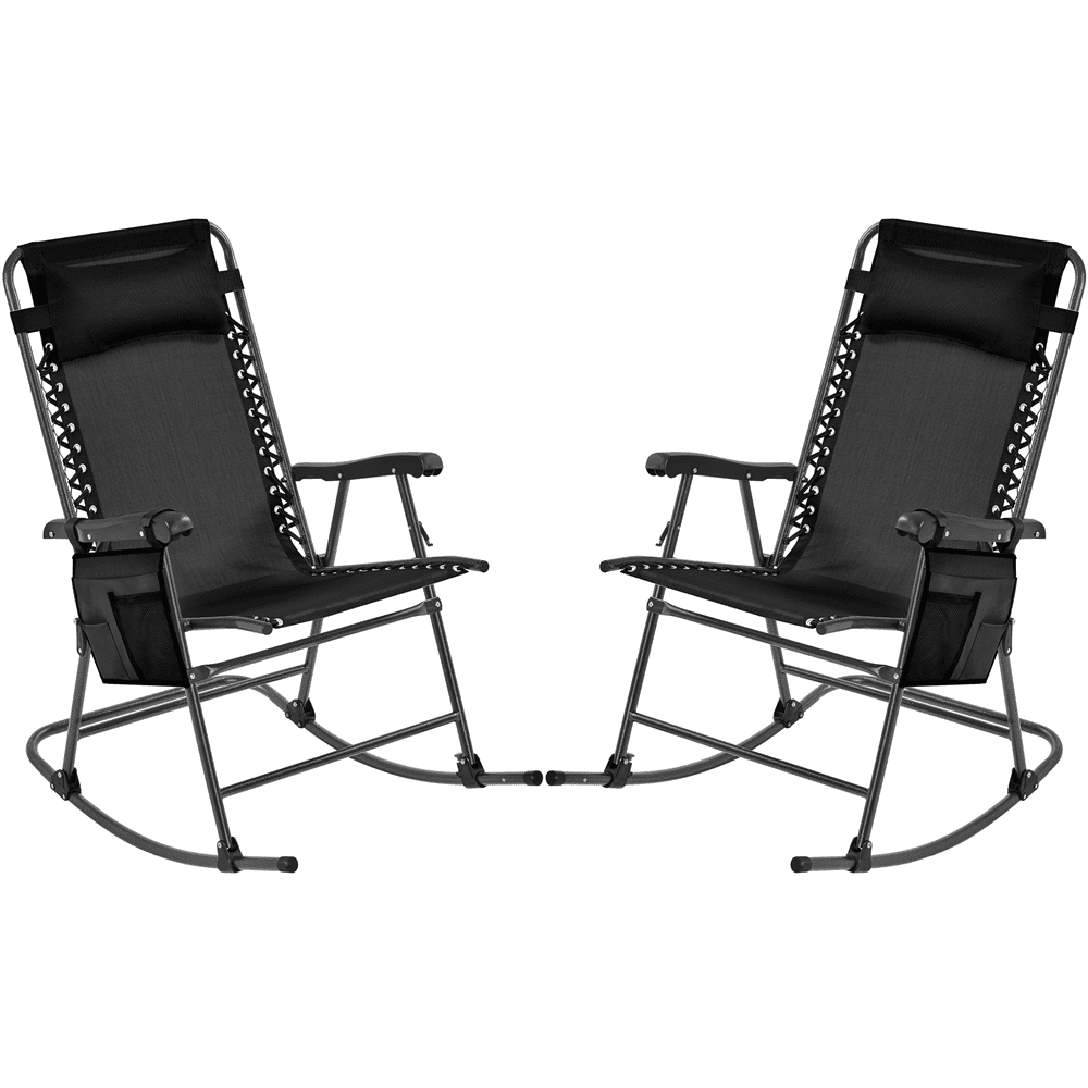 Alden Design 2pcs 26in Foldable Zero Gravity Rocking Chair with Cupholder/Pillow for Outdoor, Black