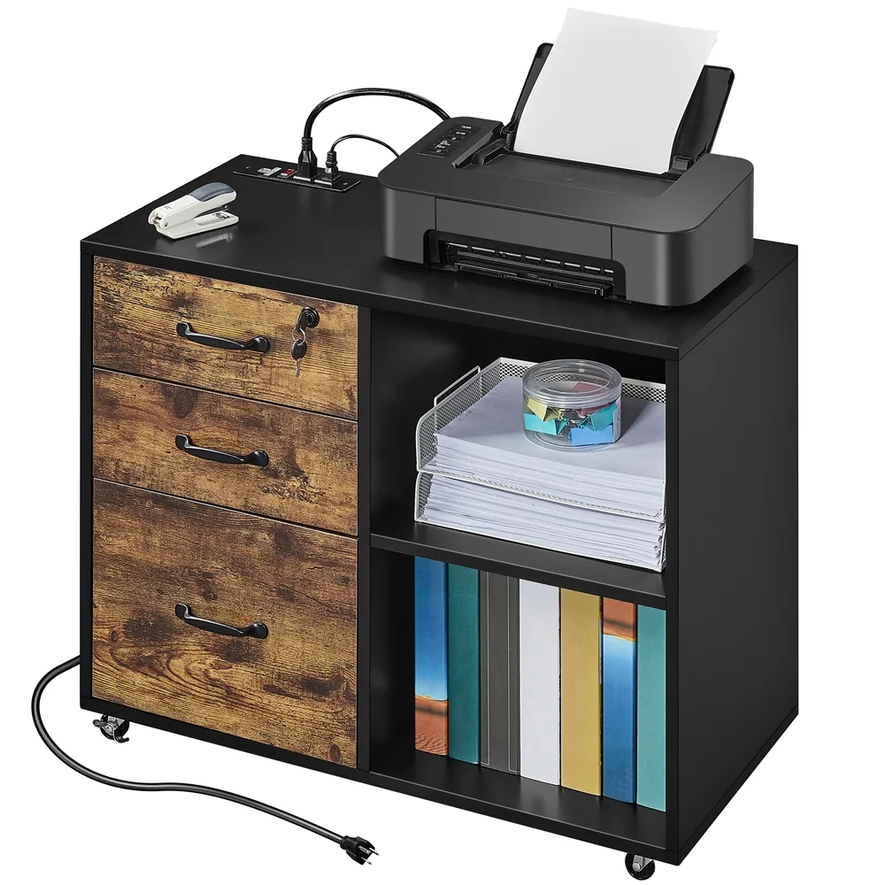 Alden Design 3-Drawer Mobile Vintage File Cabinet with Power Outlet Black, Rustic Brown