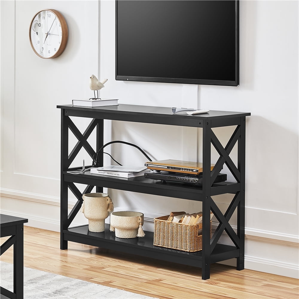 Alden Design 3-Tier Wooden Console Table with Power Outlet for Living Room, Black