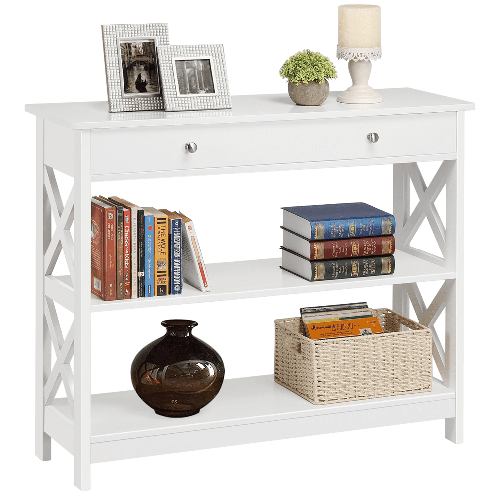 Alden Design 3-Tier X-Design Wood Console Table with Storage Drawer, White