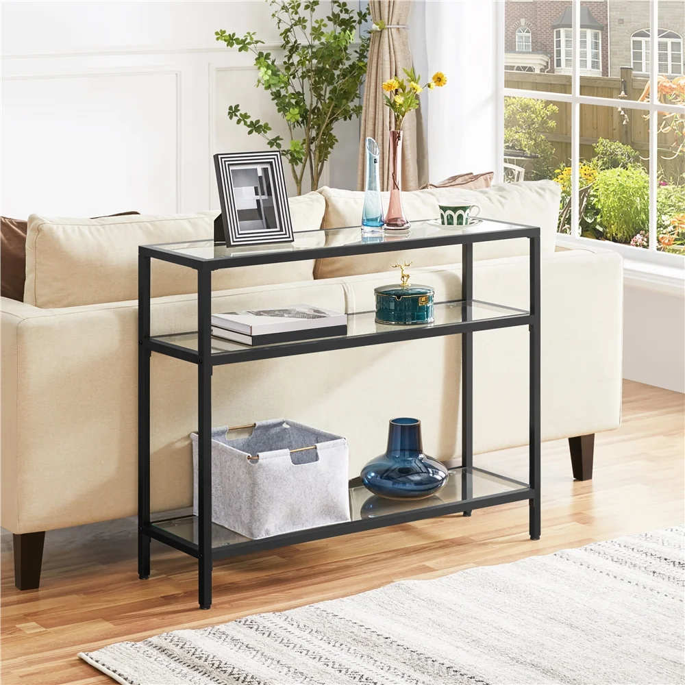 Alden Design 3-layer Modern Tempered Glass Console Table with Shelves for Living Room, Black