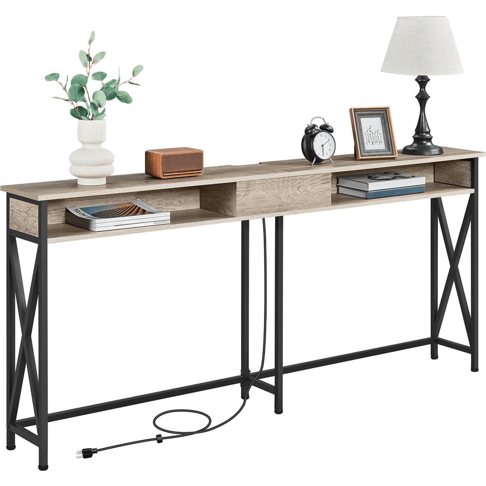 Alden Design 3-tier Modern Wooden Console Table with 2 Outlet and 2 USB Ports for Living Room, Gray