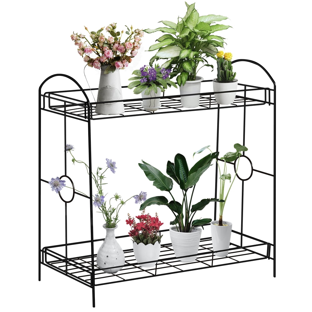 Alden Design 33.5" x 13" x 32" 2-Tier Black Iron and Metal Plant Stand