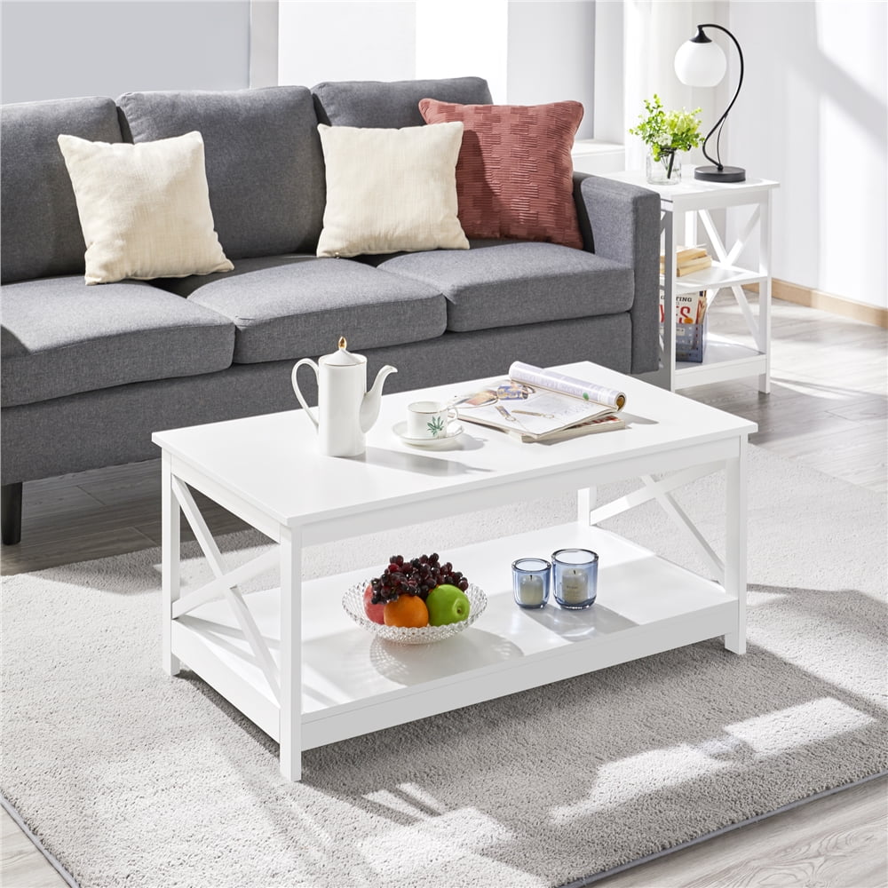 Alden Design 39.5 in 2-Tier Wood x Design Coffee Table with Storage Shelf for Living Room, White