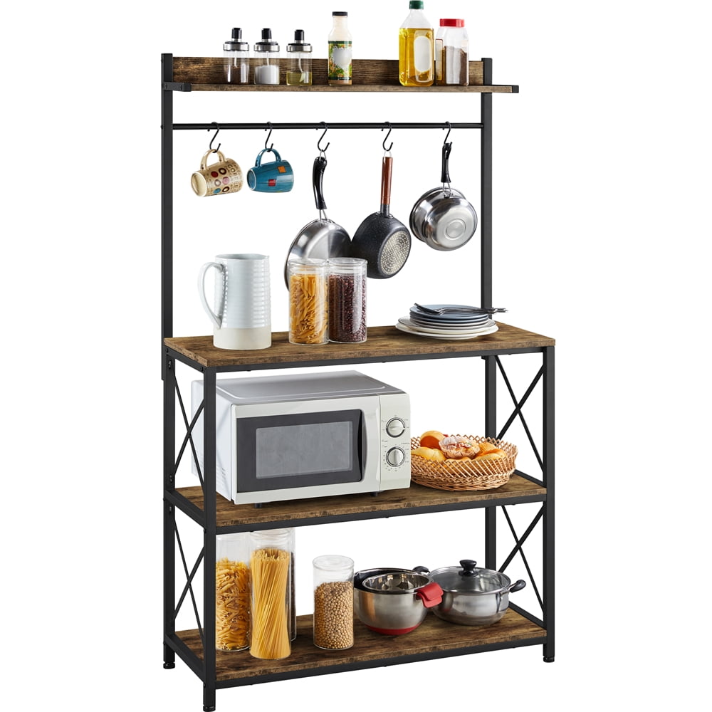 Alden Design 4-Tier Bakers Rack Kitchen Storage Shelf with S-Hooks, Rustic Brown