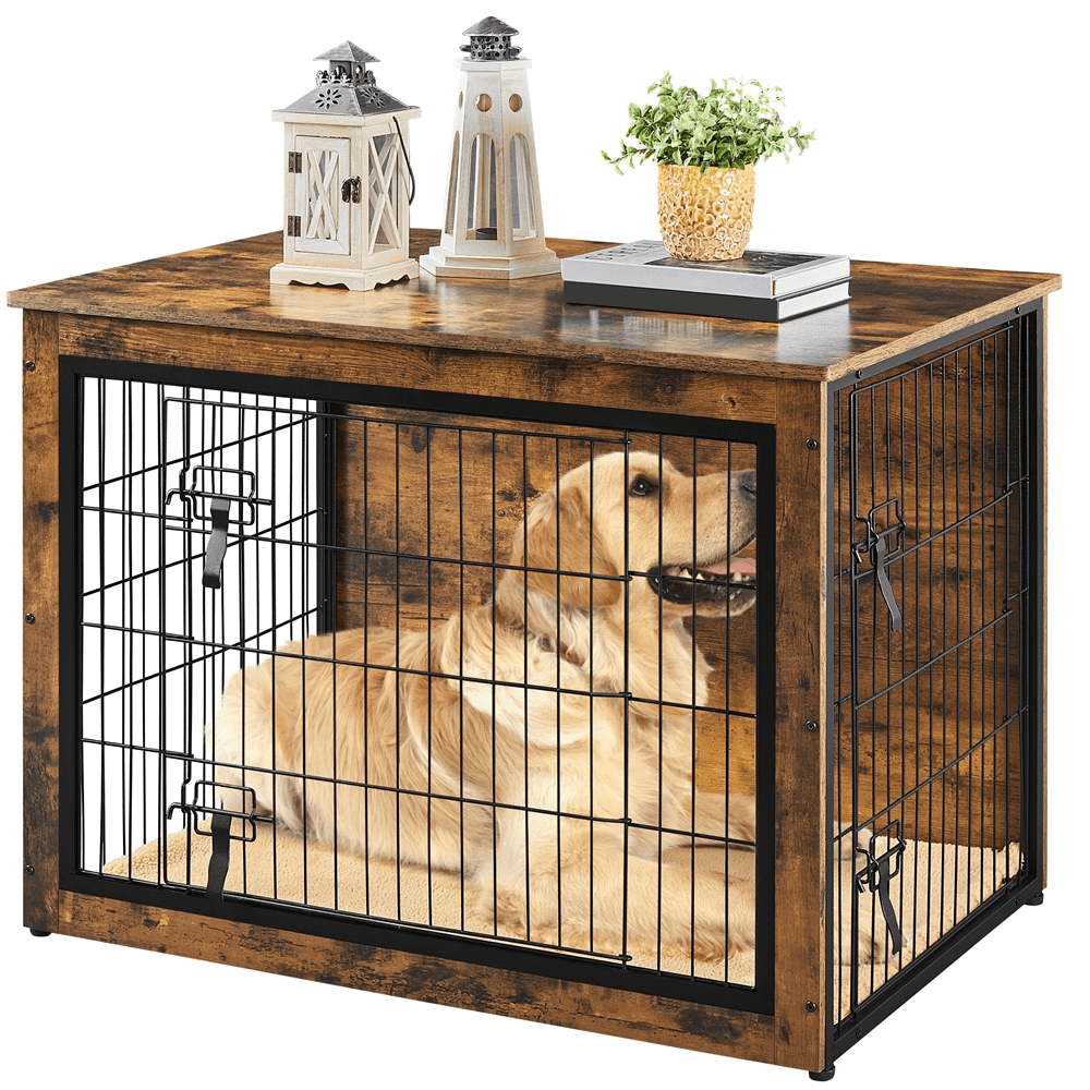 Alden Design 40″ W Rustic Industrial Wooden Dog Crate with Anti-skid Plush Mat, Rustic Brown