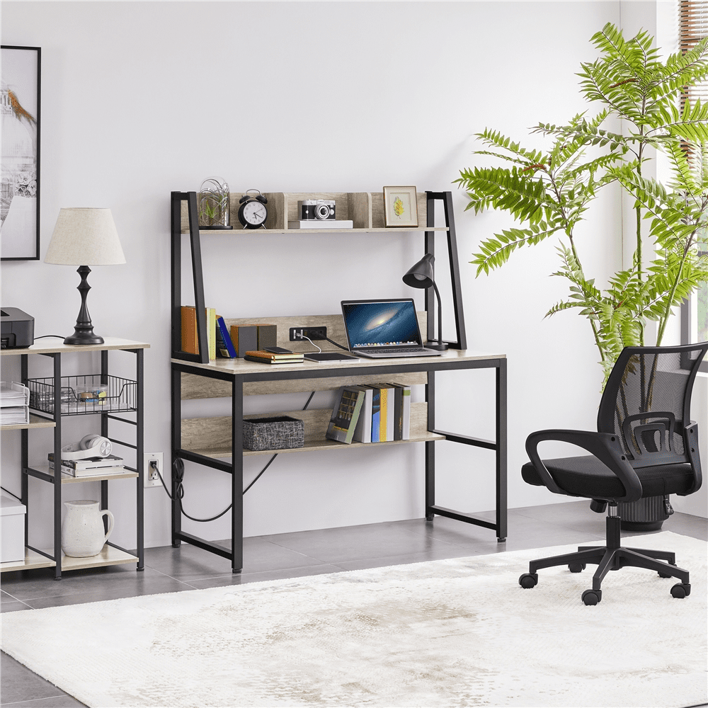 Alden Design 47.5in Laptop Computer Desk with Bookshelf and Power Outlet for Home Office, Gray