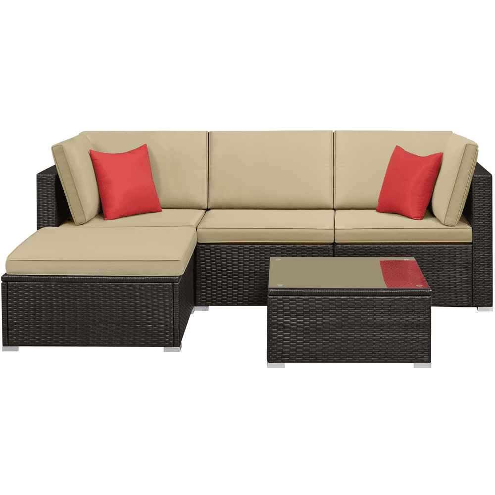 Alden Design 5 Pieces Patio Waving Rattan Wicker Furniture Sets with Cushions