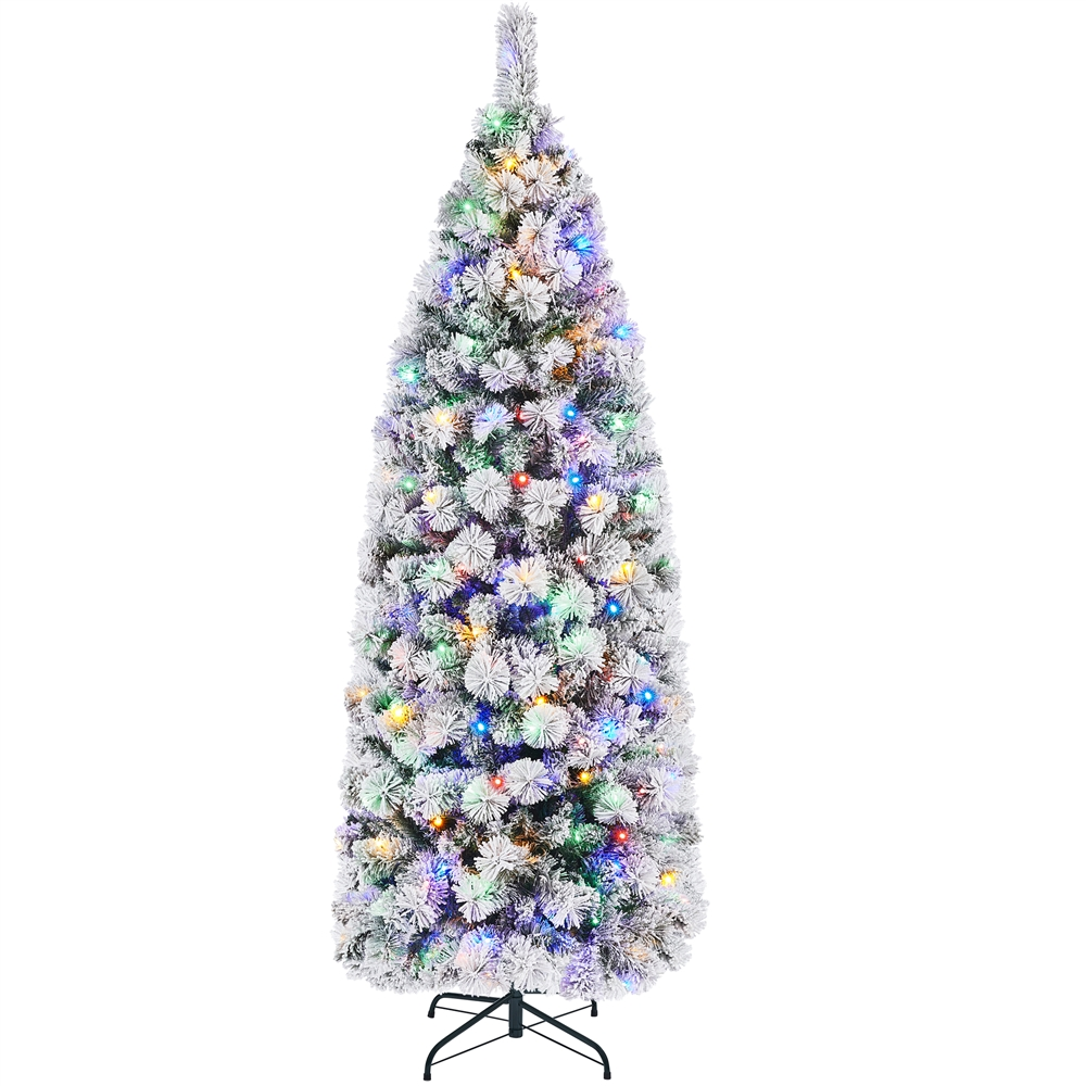 Alden Design 6ft Pre-lit Slim Pencil Snow Flocked Christmas Tree with 250 Colorful LED Lights, White