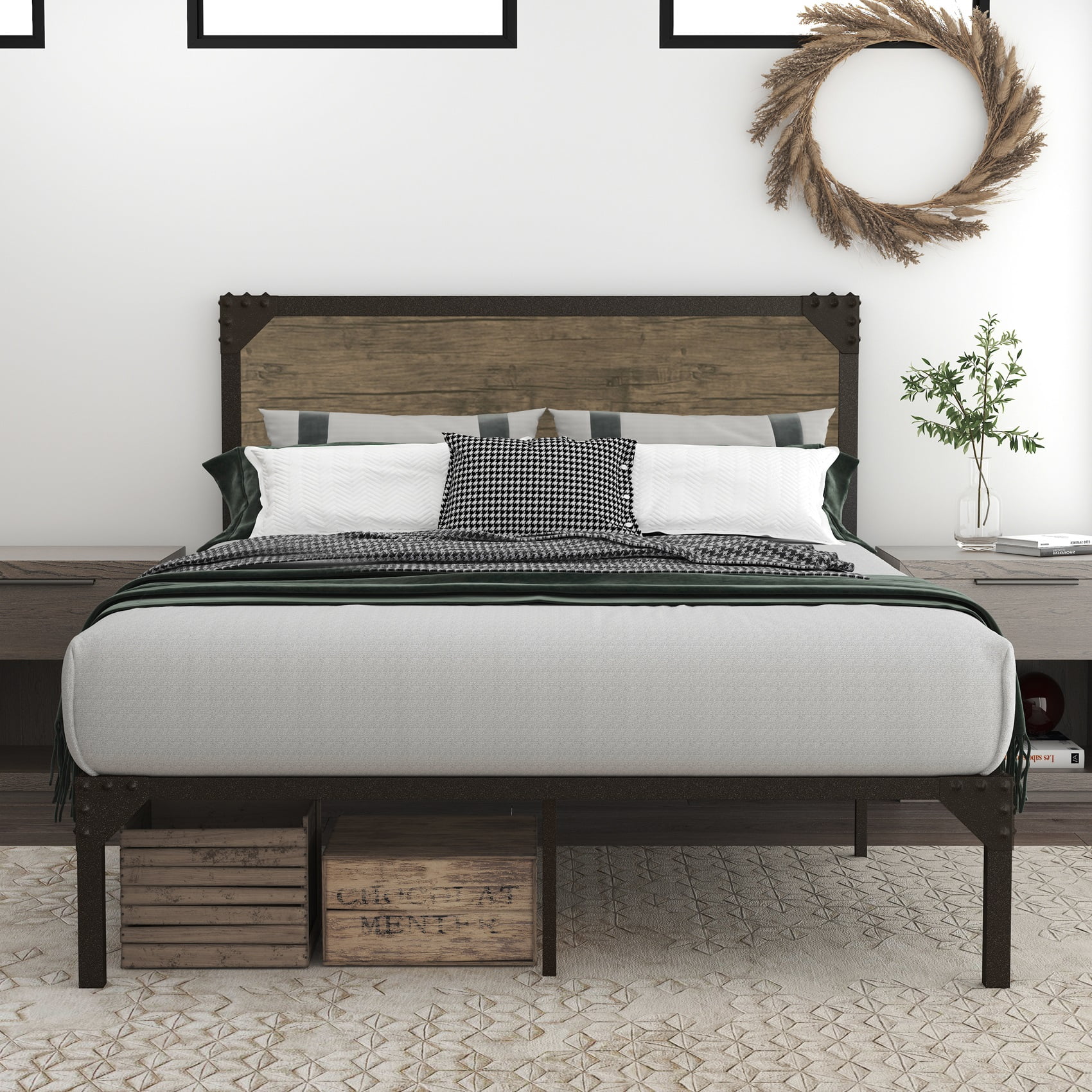 Allewie Queen Size Industrial Platform Metal Bed Frame with Wooden Rivet Headboard, Strong Steel Slat Support, 11" Under-bed Storage, Brown