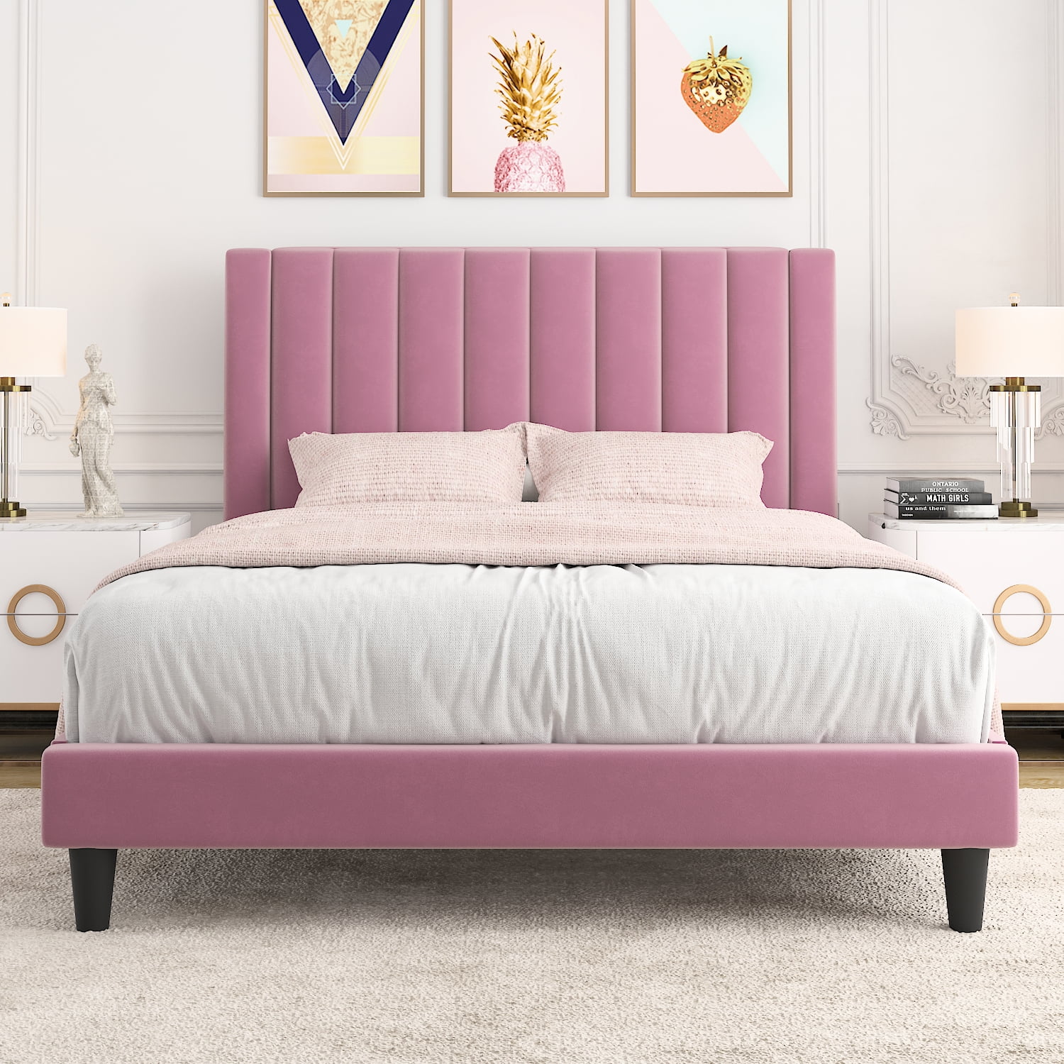 Allewie Queen Size Velvet Upholstered Bed Frame with Vertical Channel Tufted Headboard, Pink
