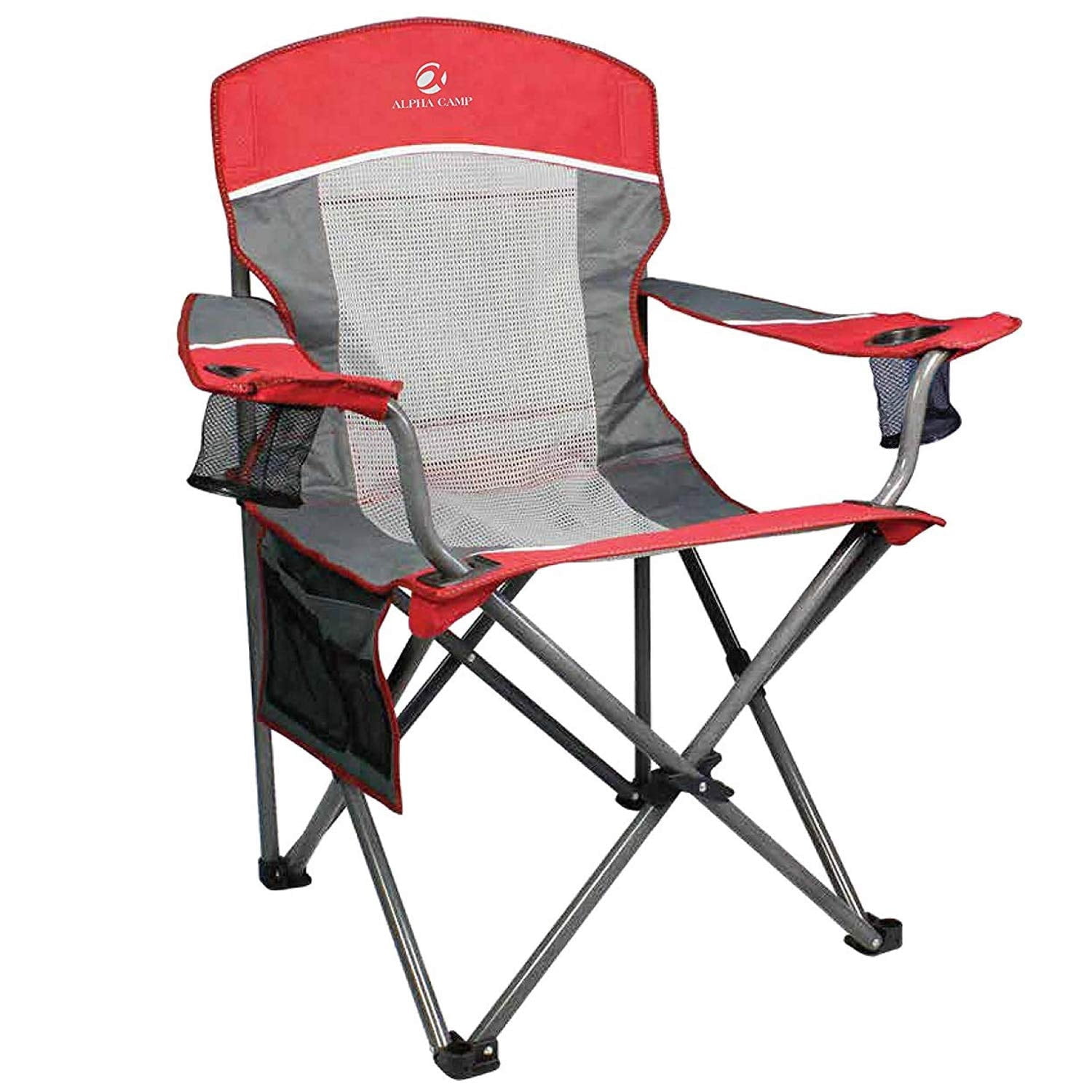 Oversized Mesh Back Camping Folding Chair Heavy Duty Support 350 LBS Collapsible Steel Frame Red Grey