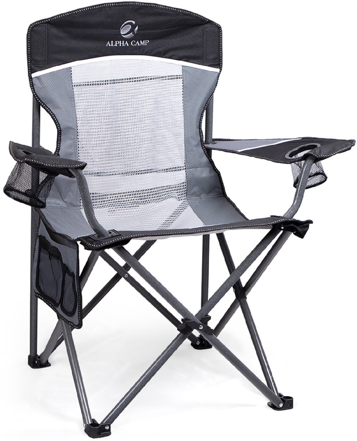 Alpha Joy Oversized Camping Chair Portable Folding Chair Heavy-Duty Steel Frame Mesh Chair with Cup Holder Suitable for Outdoor Fishing Camping, Black