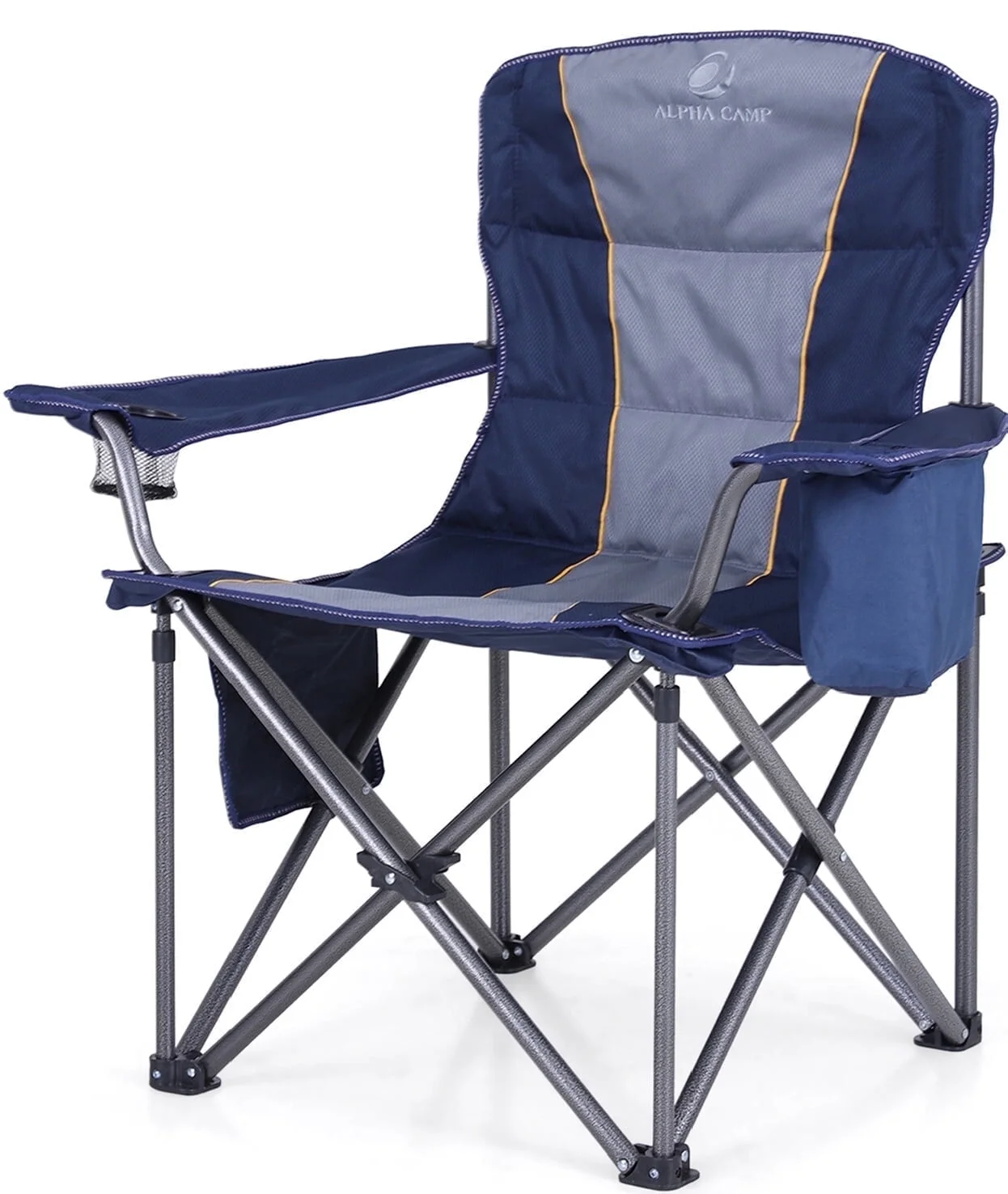 Alpha Joy Foldable Camping Chair Oversized Padded Heavy Duty Portable Quad Chair with Cooler Bag & Cup Holder Supports 450lbs, Blue