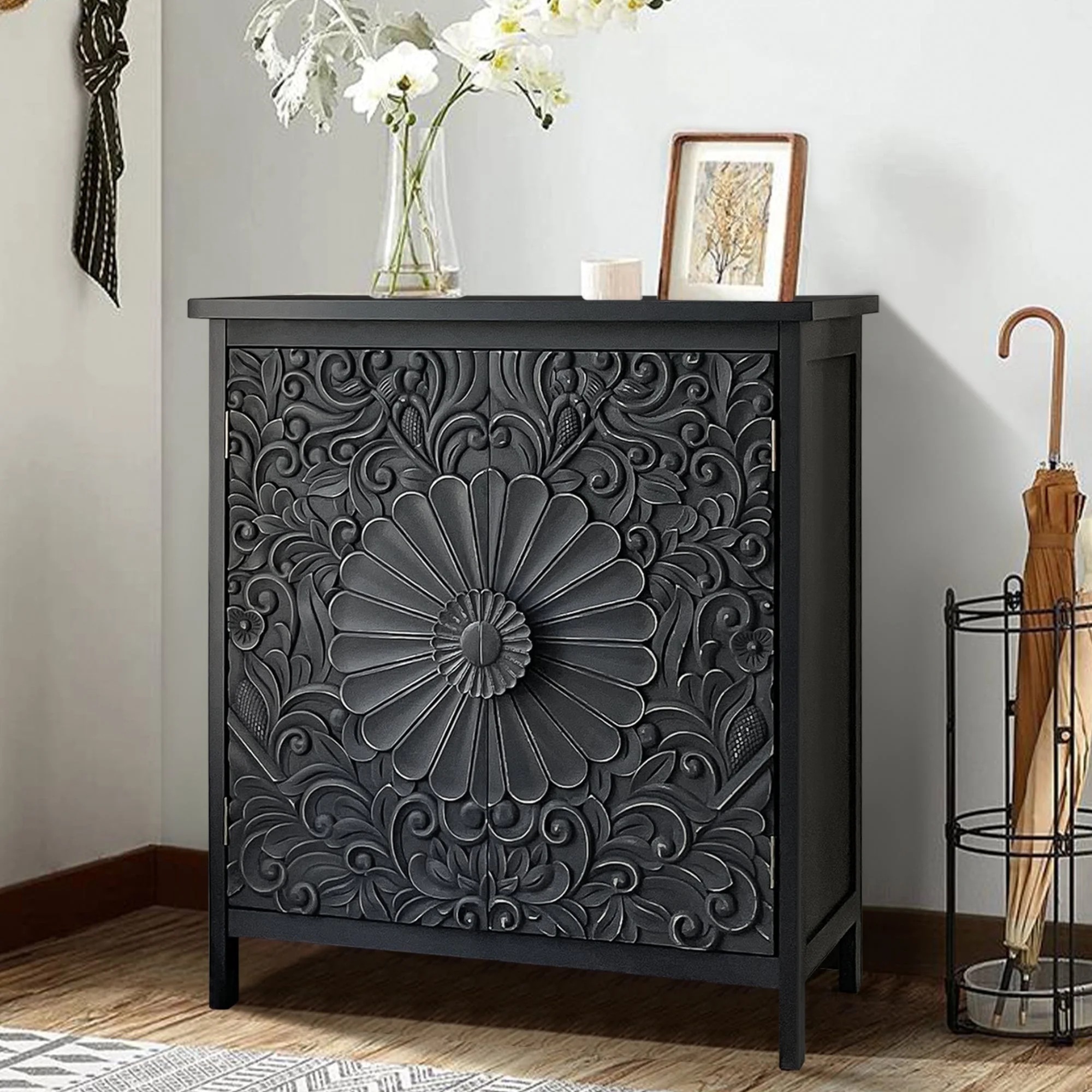 Alpha Joy Storage Cabinet with 2 Doors, Wood Accent Cabinet with Flower Pattern For Living Room, Dining Room, Black
