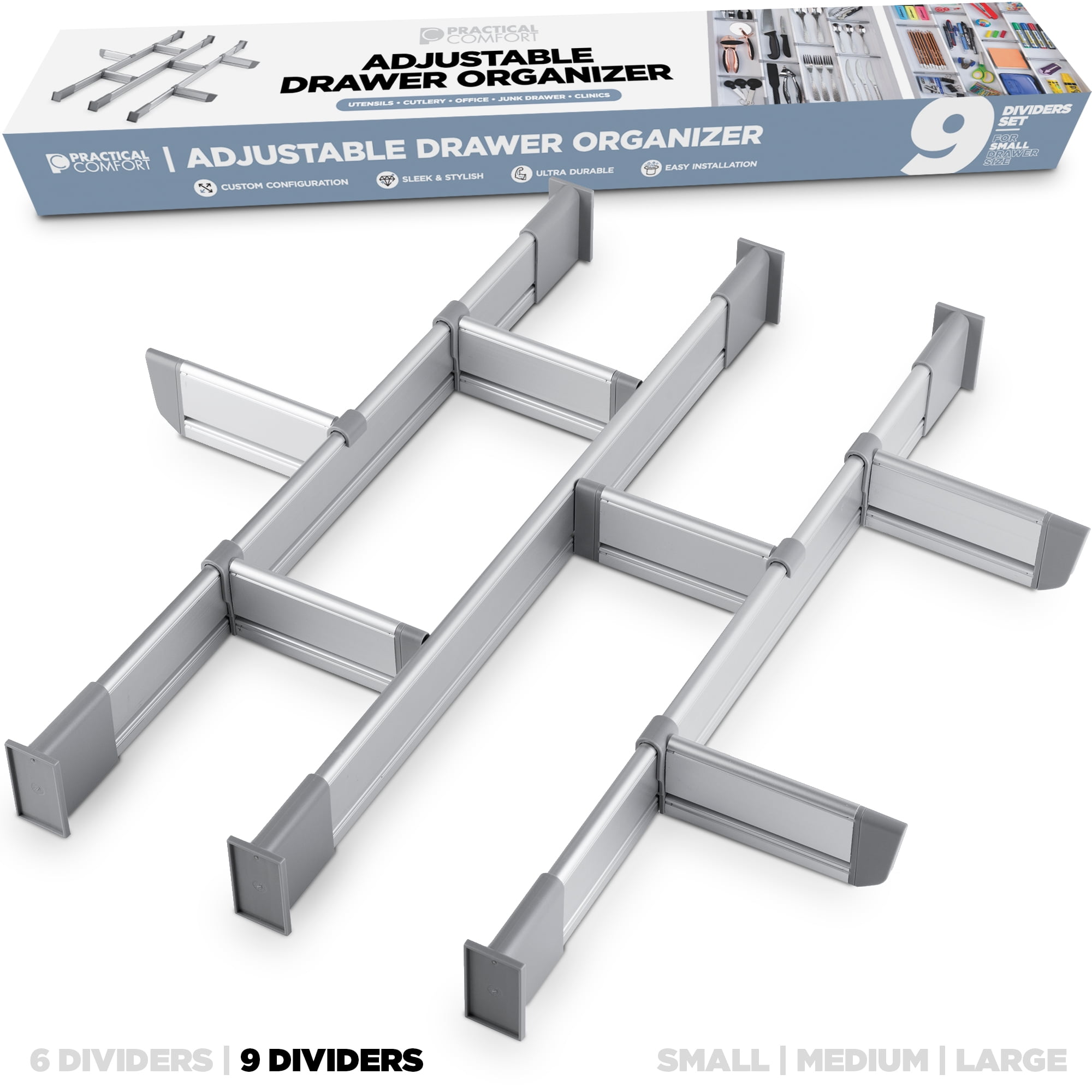 Aluminum Adjustable Drawer Organizer, Medium 17.5"- 19.7" | 9 Dividers for Kitchen and Office by Practical Comfort