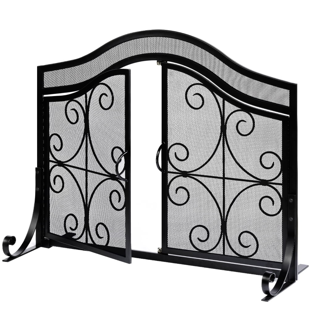 Amagabeli 33x41 Inch Fireplace Screen with Doors Spark Guard Sturdy Wrought Iron Fire Screen for Indoor Outdoor Fireplace Areas Black Metal Mesh with Heavy Support Legs Protects Carpet and Black