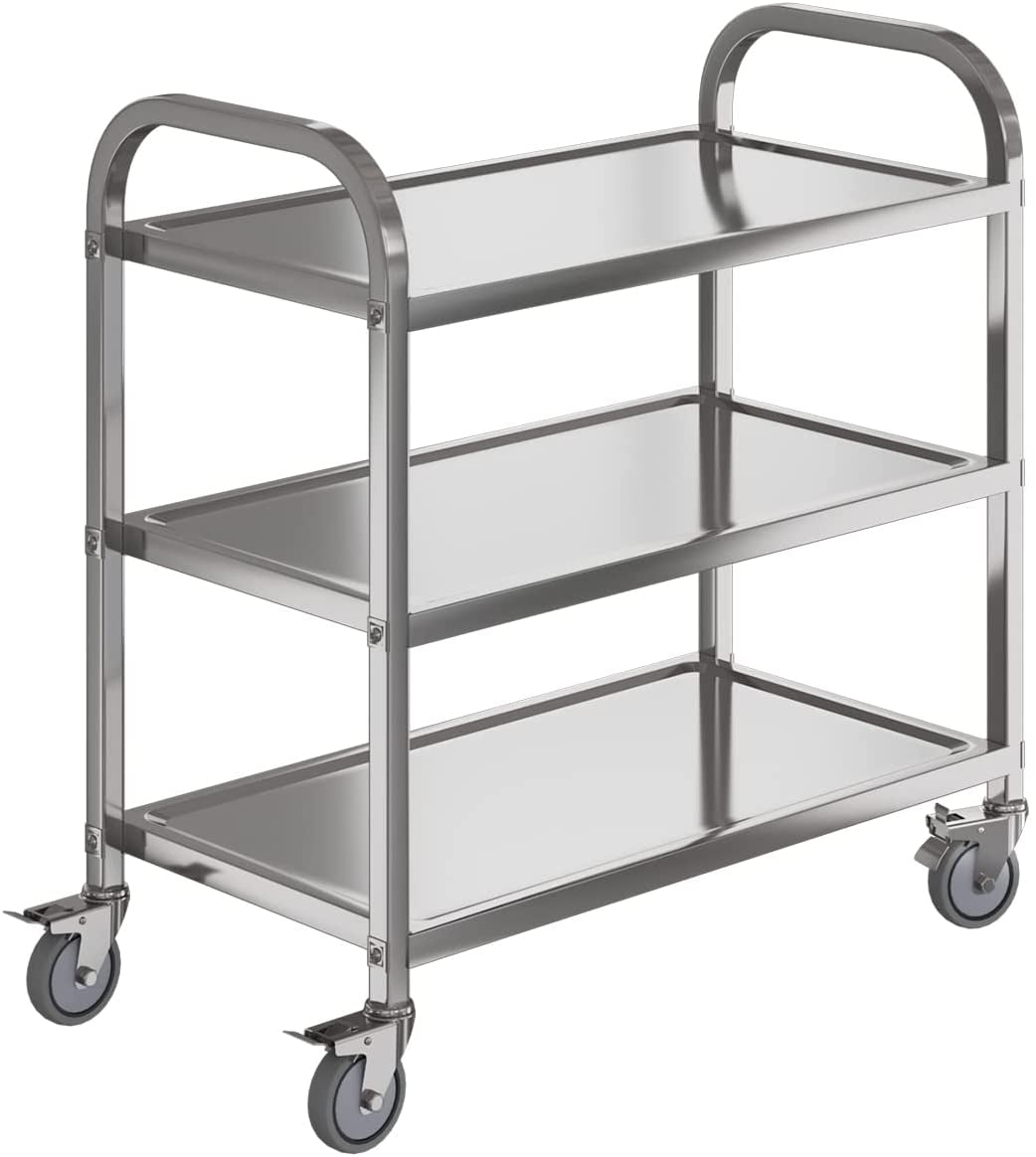 Amarite 3-tier Stainless Steel Cart with Wheels, Home, Kitchen Serving Cart, 400 Pounds, 1mm Thick, Silver