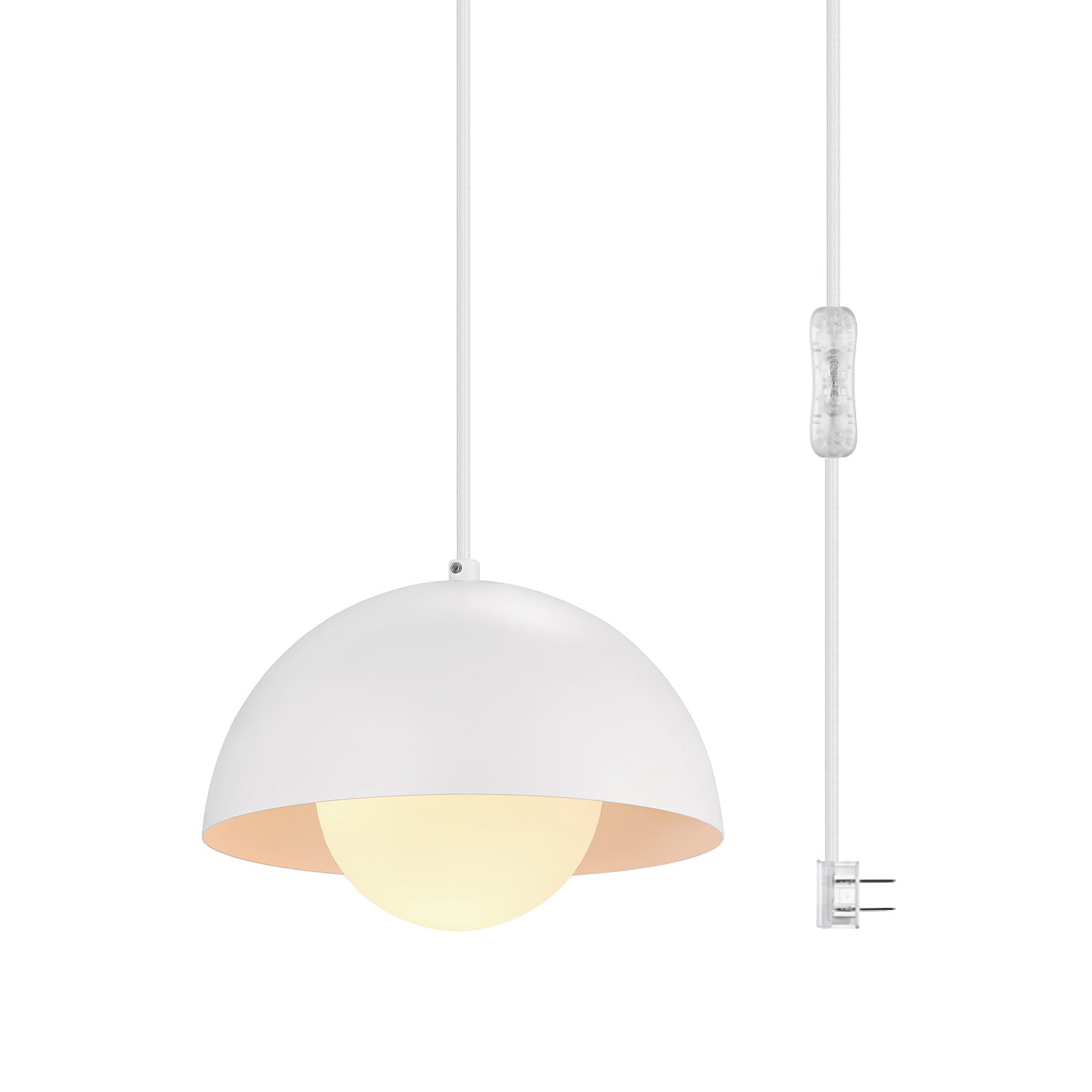 Amelia 1-Light Matte White Plug-in Pendant Lighting with White Glass Shade