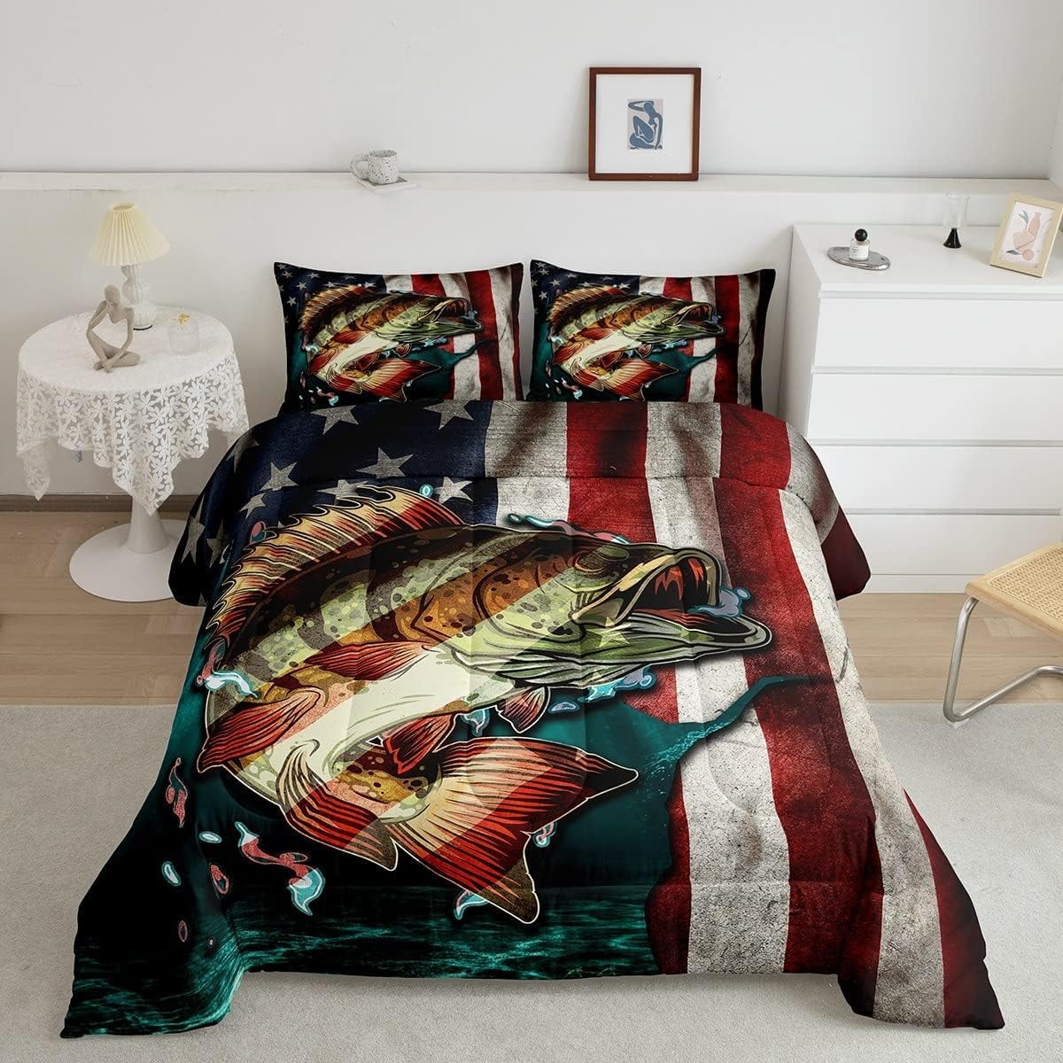 American Flag Bass FishingTwin Bedding Set Fisherman Fishing Comforter USA Flag Duvet Insert Big Pike Fish Fishing Lures Hook Hunting Decor Quilt Hunting and Fishing Farmhouse Decor