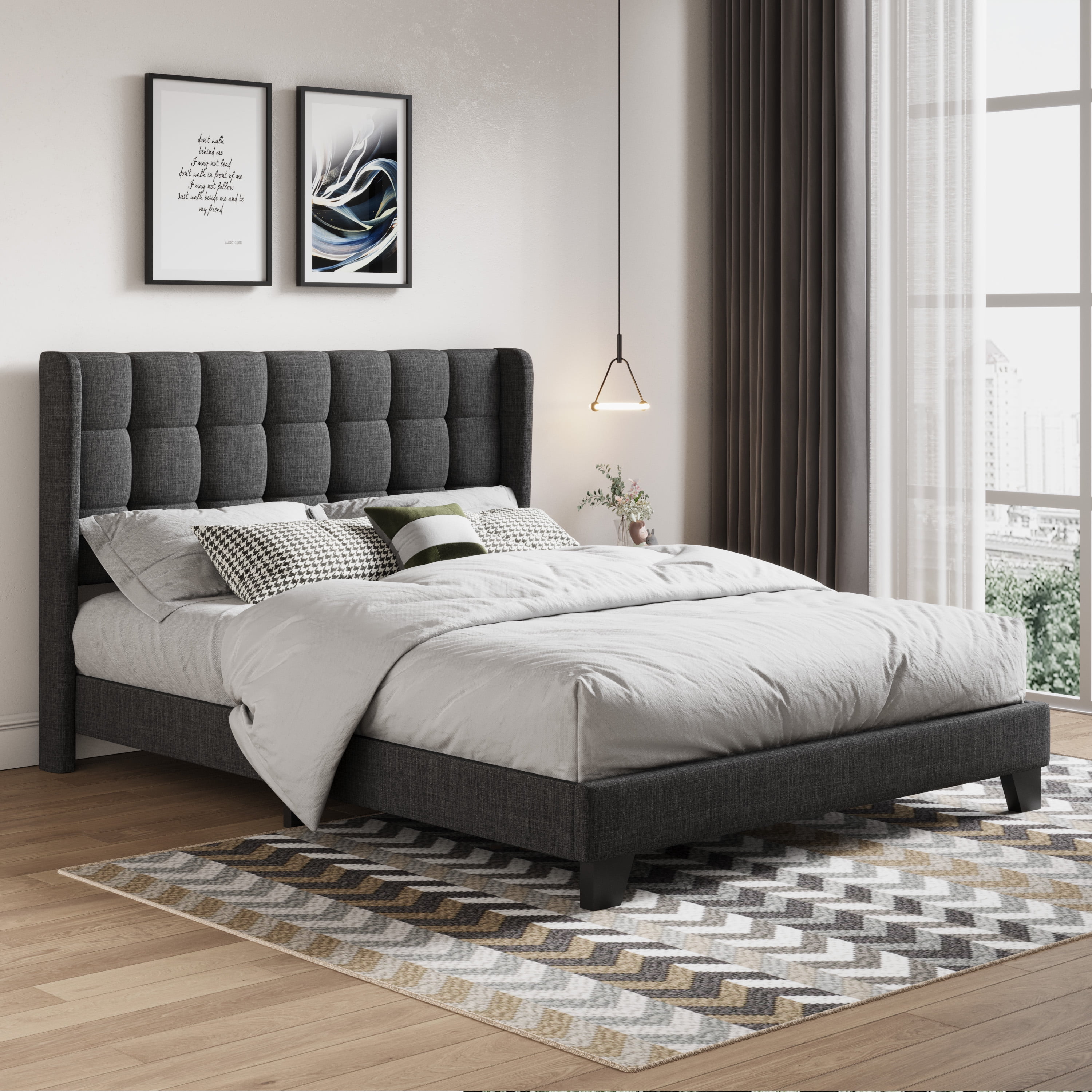 Amolife Full Size Platform Bed with Wingback Headboard, Square Stitched Style, Dark Grey