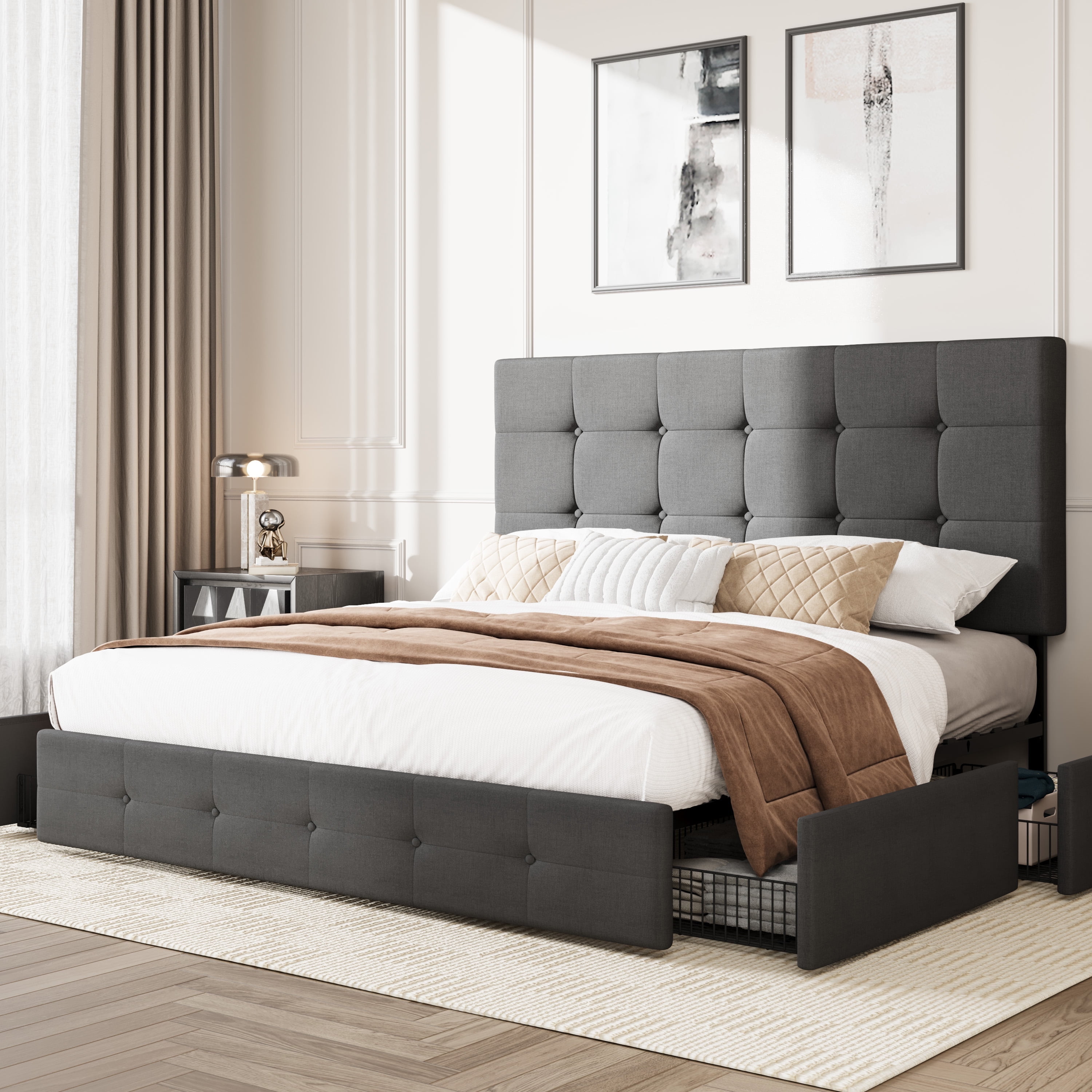 Amolife Queen Size Platform Bed Frame with Square-stitched Headboard and 4 Drawers, Dark Gray