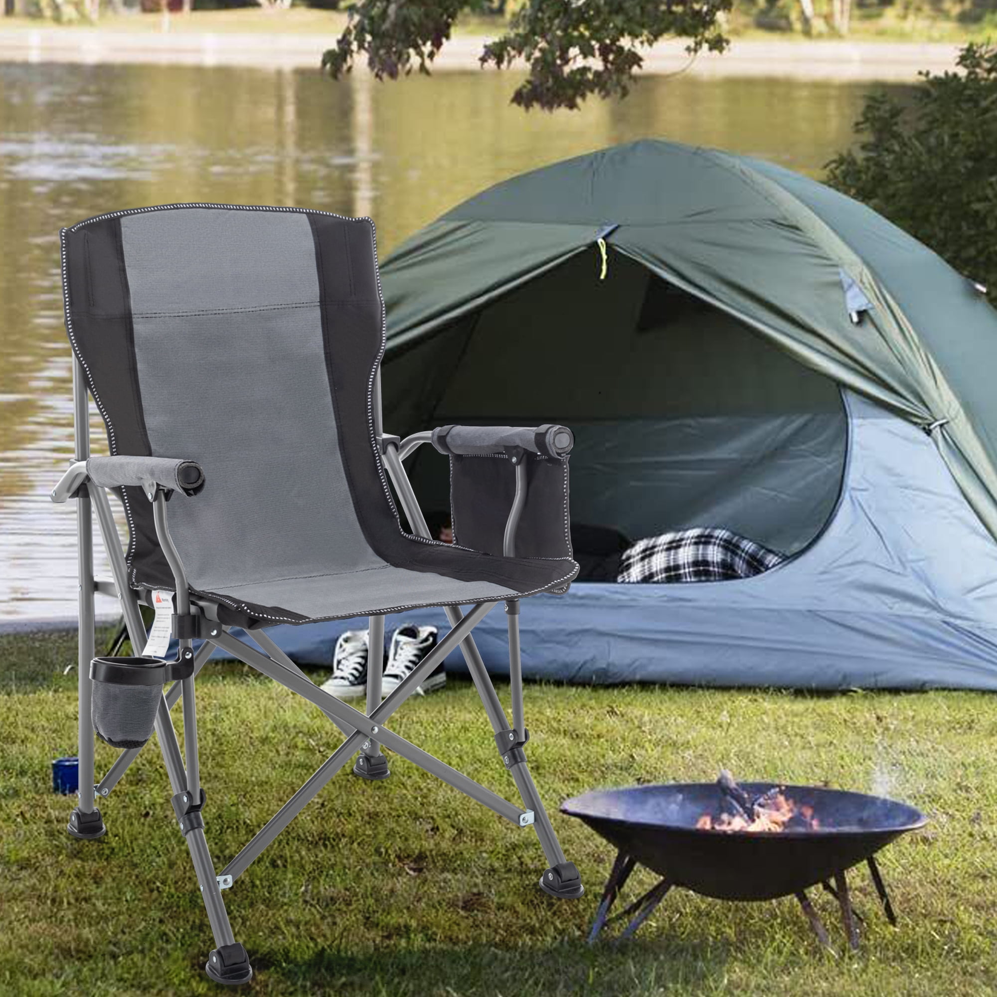 Andeworld Floding Camping Chair Oversized Heavy Duty Outdoor Patio Chair with Cup Holder and Storage Bag for Fishing,Camping(Grey)