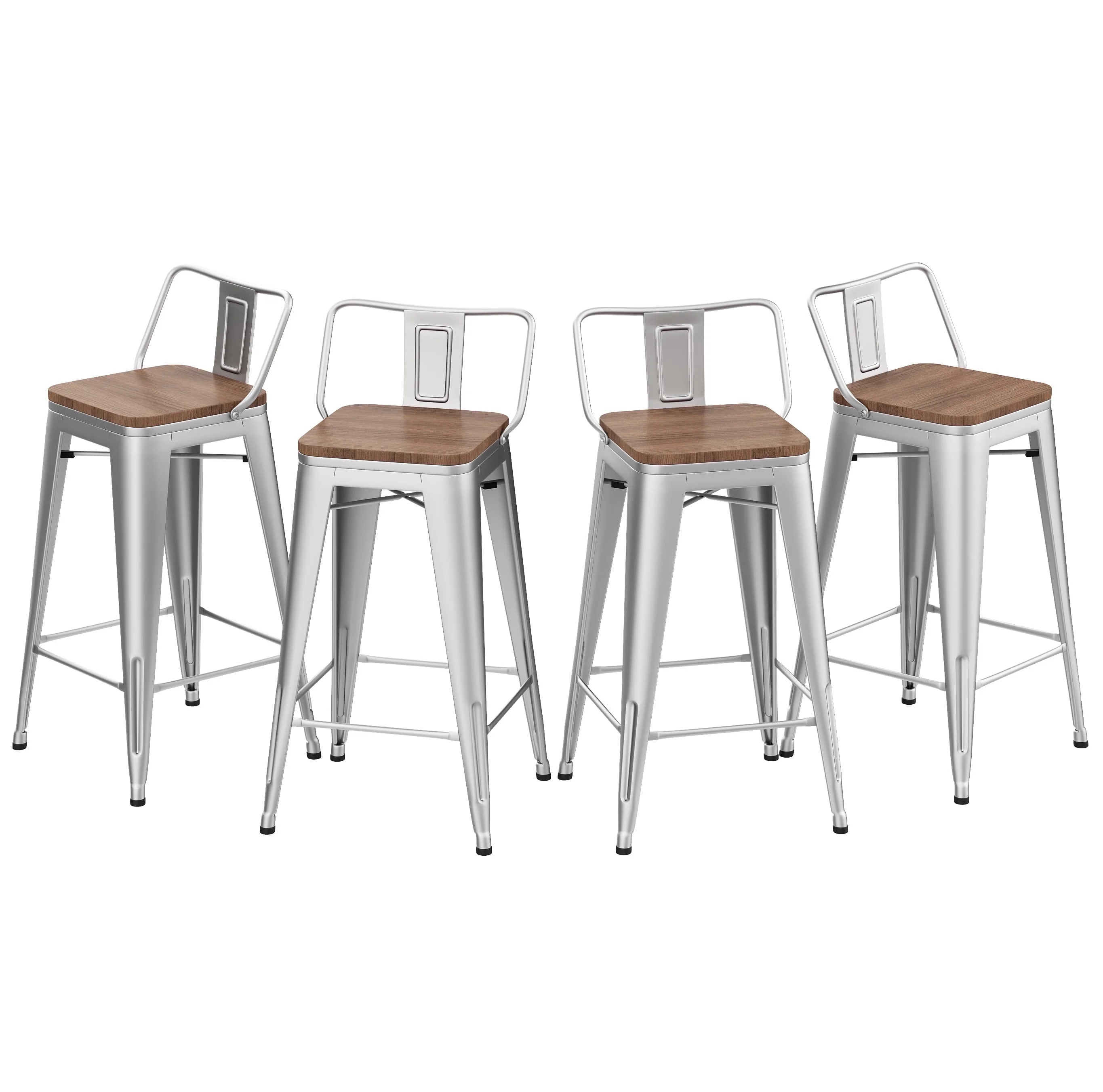 Andeworld Metal Bar Stools Set of 4 Kitchen Counter Height Barstools (24", Silver Wood Top Low Back)