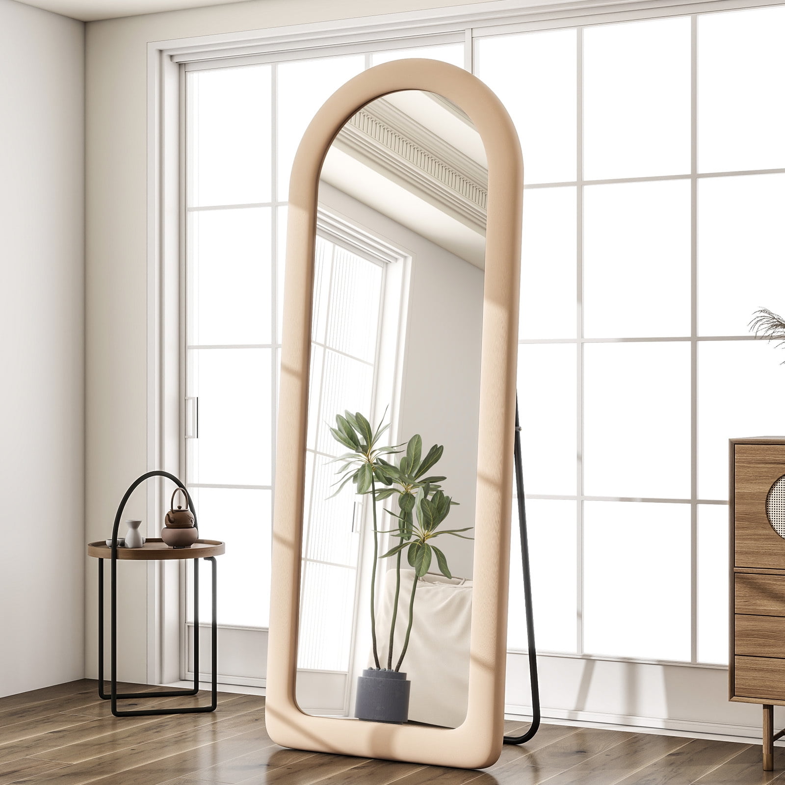 Anyrose 63"x24" Arch-Top Floor Mirror Round-Edge With Thick Flannel Frame, Light Brown