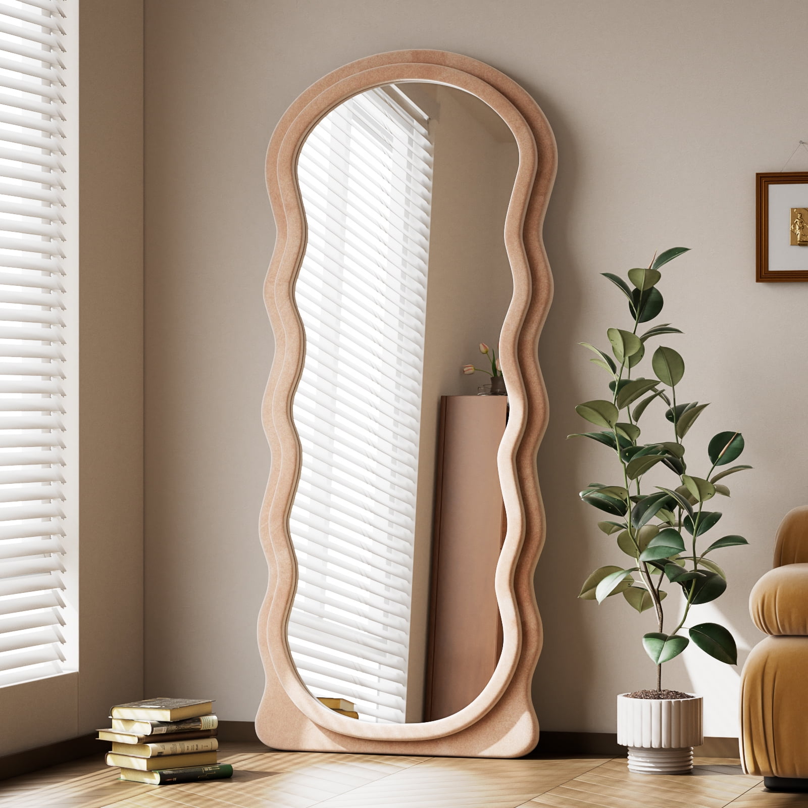 Anyrose 63"x24" Irregular Wavy Mirror Full Length Mirror With Flannel Frame, Light Brown