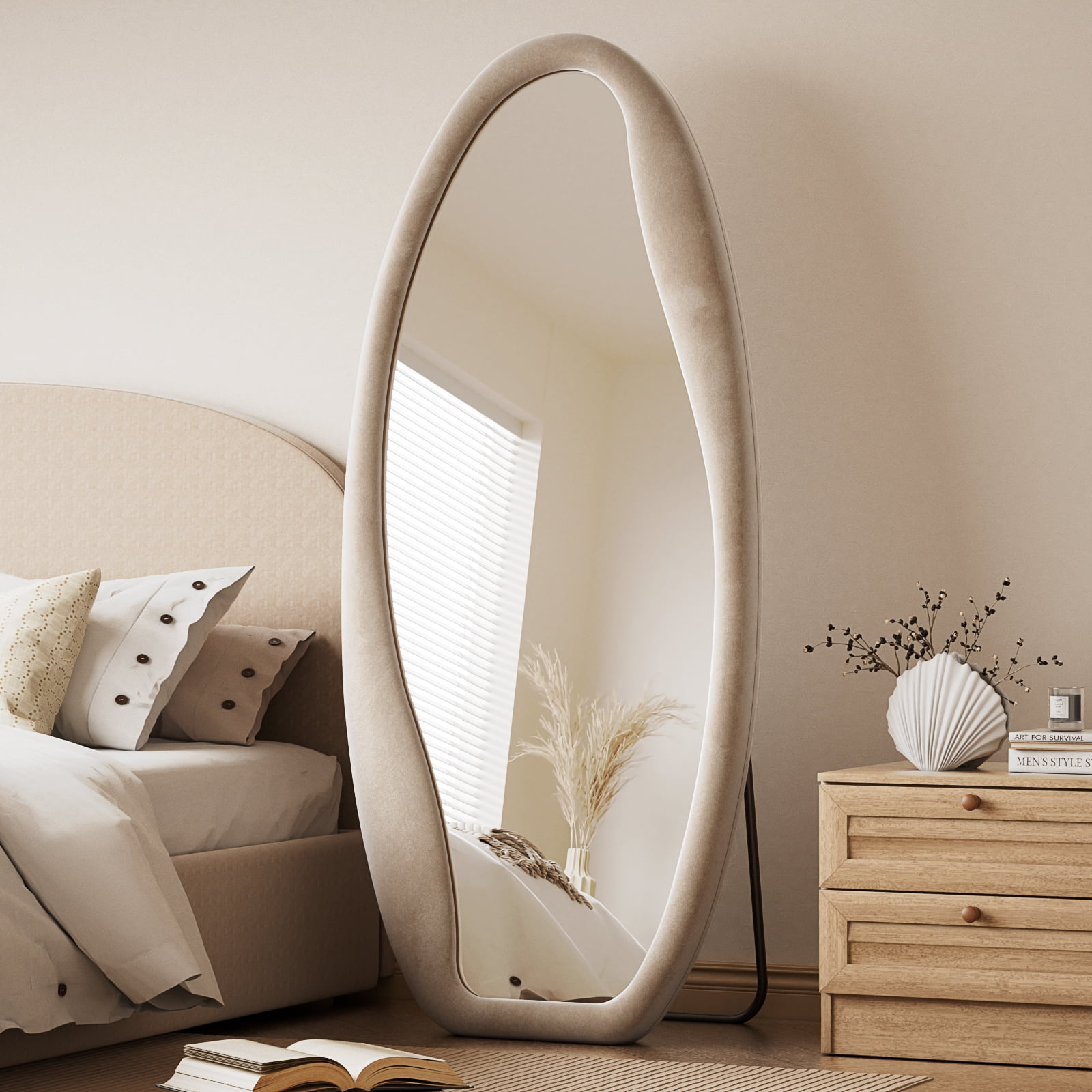 Anyrose 63"x24" Irregular Full Length Mirror Wavy Floor Mirror With Flannel Frame, White