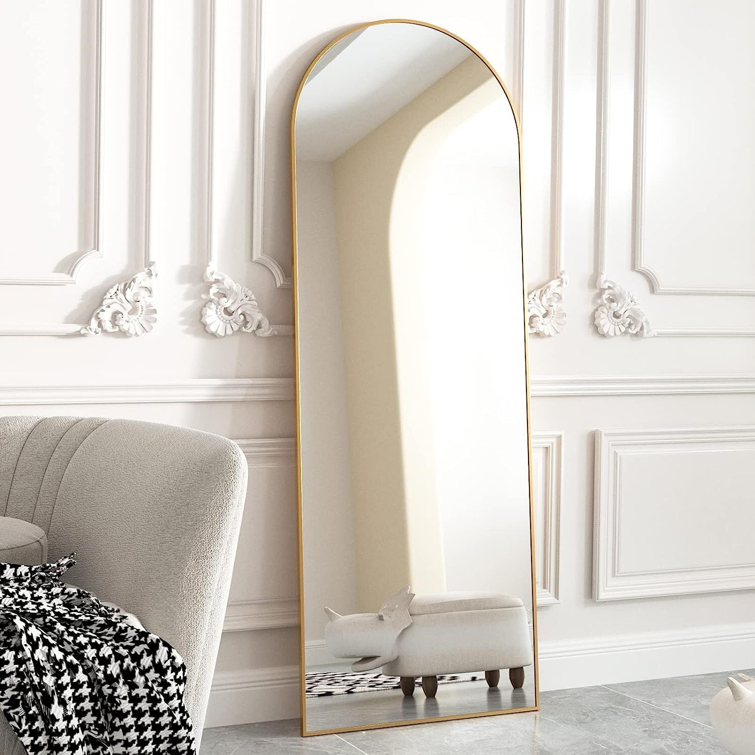 Anyrose 64"x21.1" Arched Full Length Mirror with Stand Frame Floor Mirror, Gold