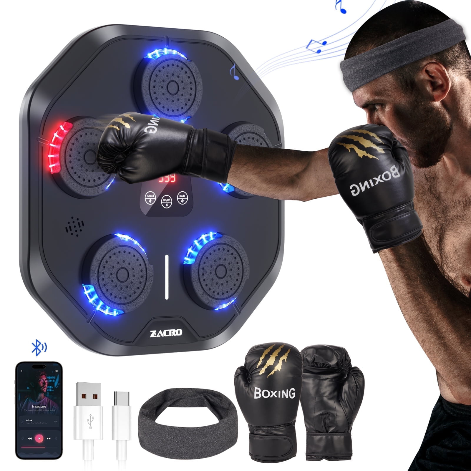 Anpro Music Boxing Machine, Smart Bluetooth Boxing Machine Wall Mounted, , Home Workout Boxing Target Machine Kit with 9 Modes/Speeds, Punching Gloves and Headband for Kids Adult