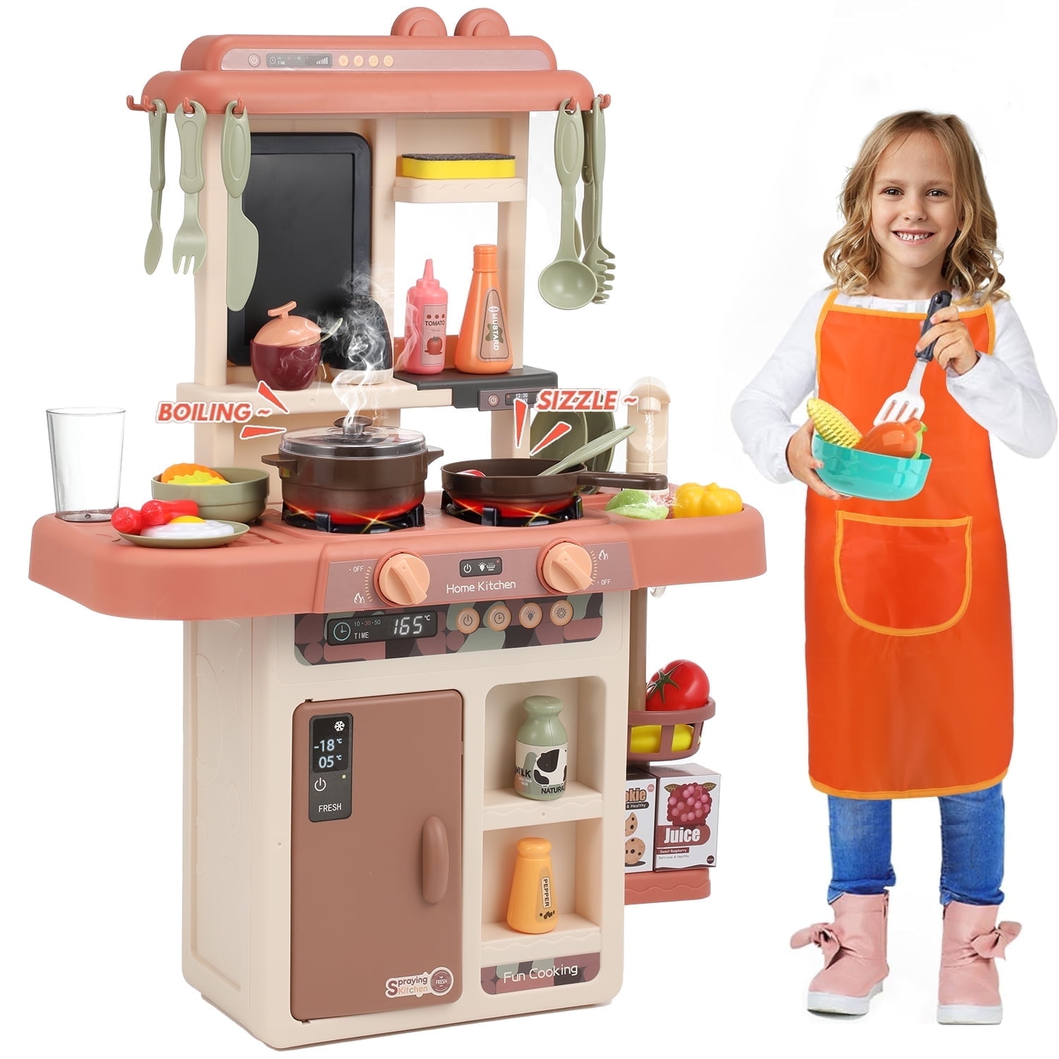 Anpro 25Inch Play Kitchen Set for Kids, 43PCS Pretend Kitchen Toy with Spray and Sink, Kitchen Cooking Set Toy for Boys and Girls, Brown