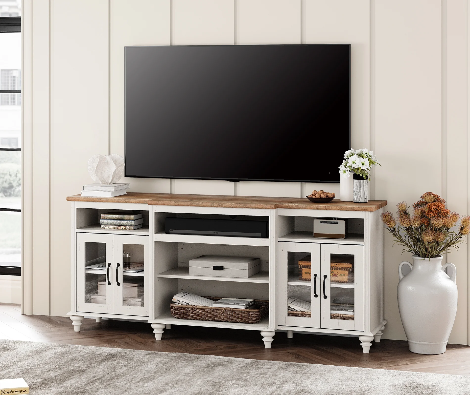 Antique White Farmhouse TV Stand with 4 Glass Doors for TVs up to 75", Highboy Entertainment Center with 9 Storage Compartments, 70" Wooden TV Console for Living Room or Bedroom