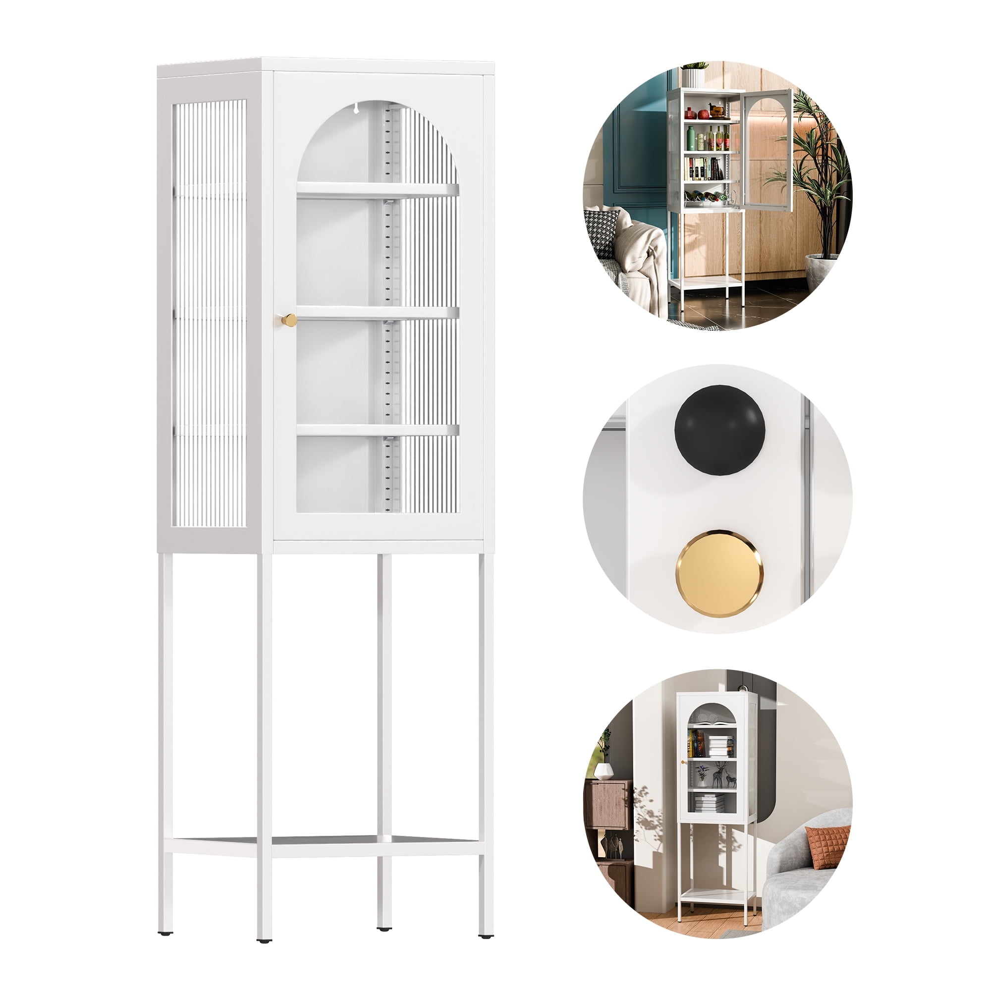 Aobabo Metal File Cabinet, White Display Glass Storage Cabinet with Glass Doors and 3 Shelves, Tall Bookcase Modern Bookshelf Cabinet for Home Office, Living Room, Pantry (Single Glass Door)