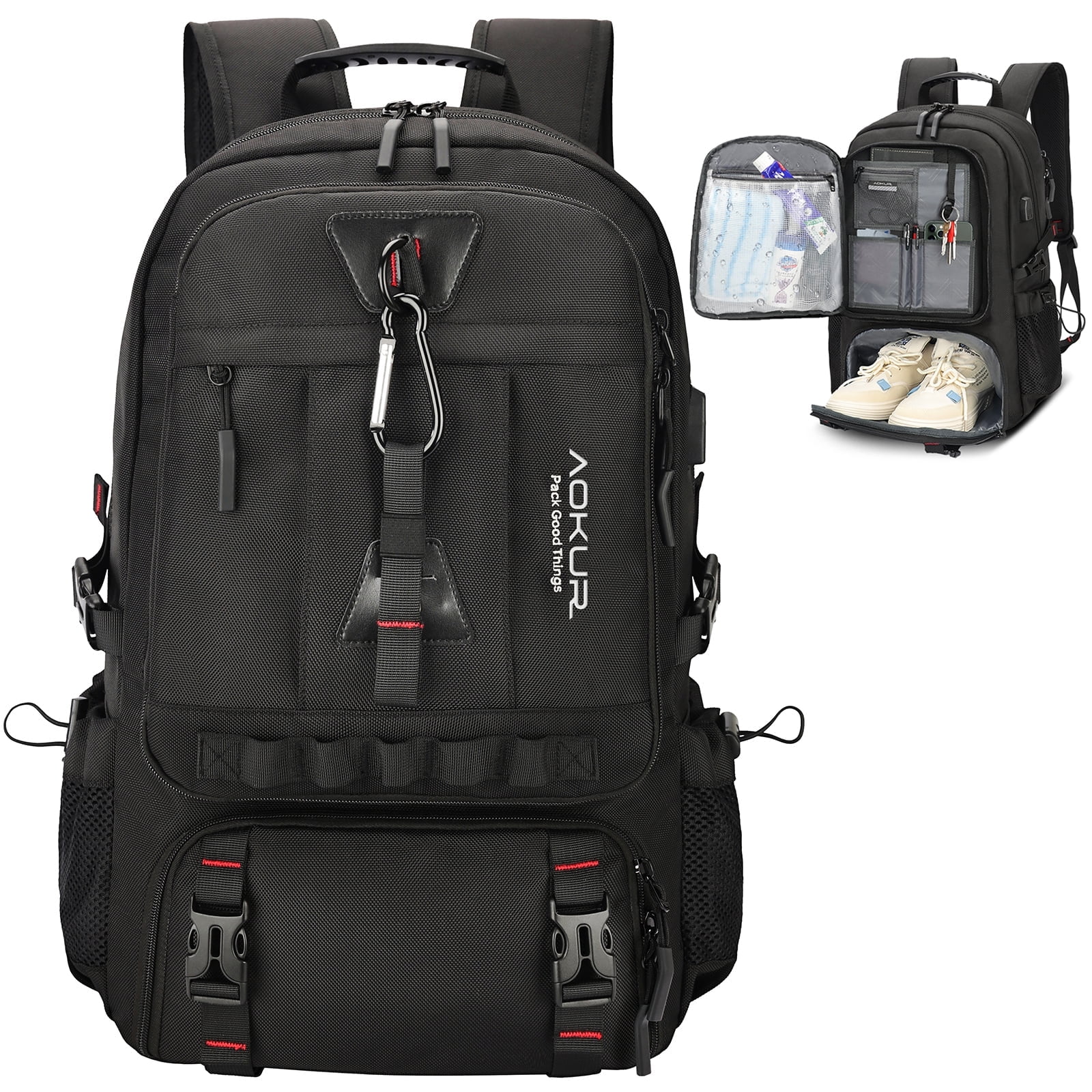 Aokur 55L Expandable Travel Backpack, Unisex 18.4" Laptop Backpack with USB Charger Port, Extra Large Hiking Backpack with Shoes Compartment & Dry Wet Pocket Black