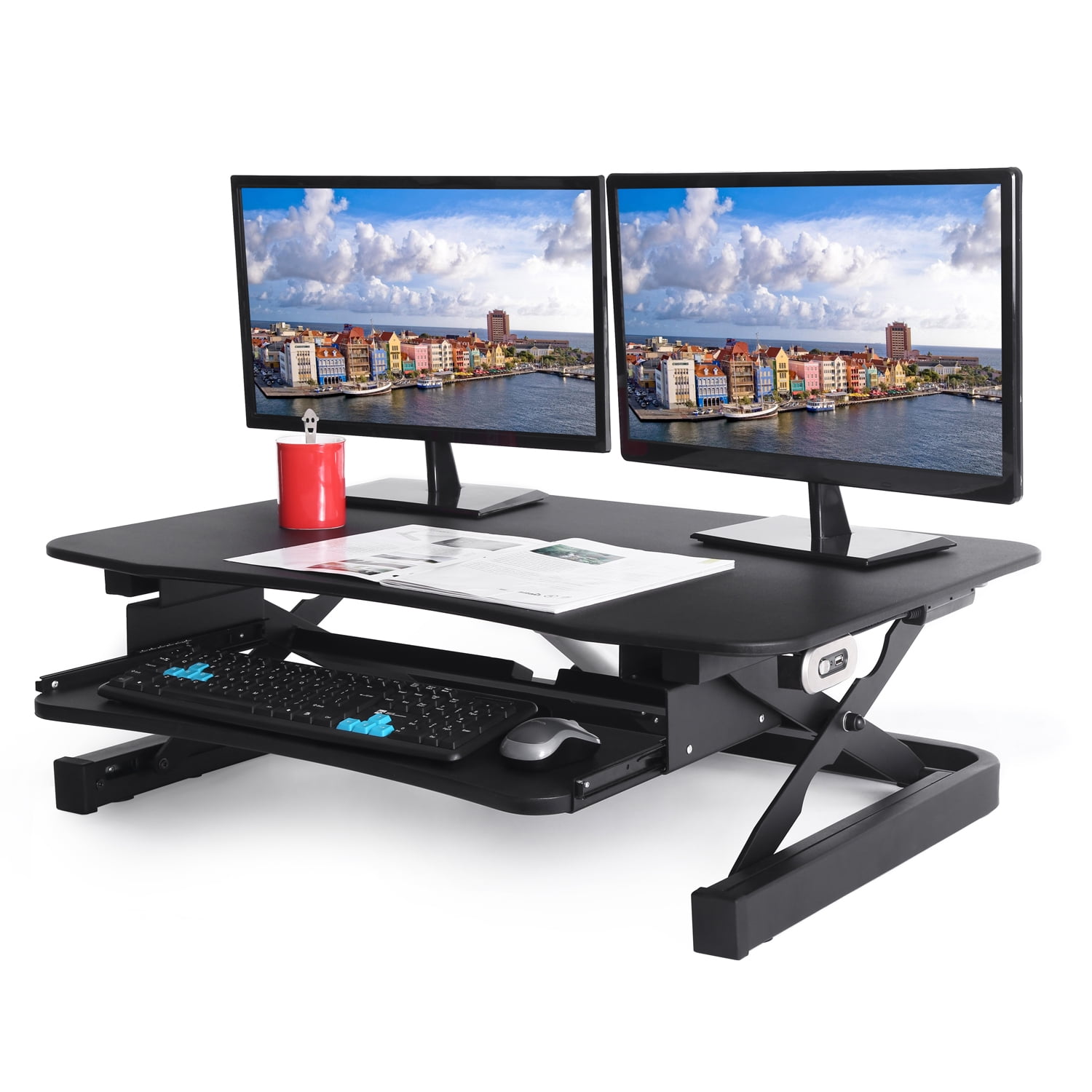 ApexDesk ZT Series Height Adjustable Sit to Stand Electric Desk Converter, 2-Tier Design with Large 36x24" Upper Work Surface and Lower Keyboard Tray Deck (Black)